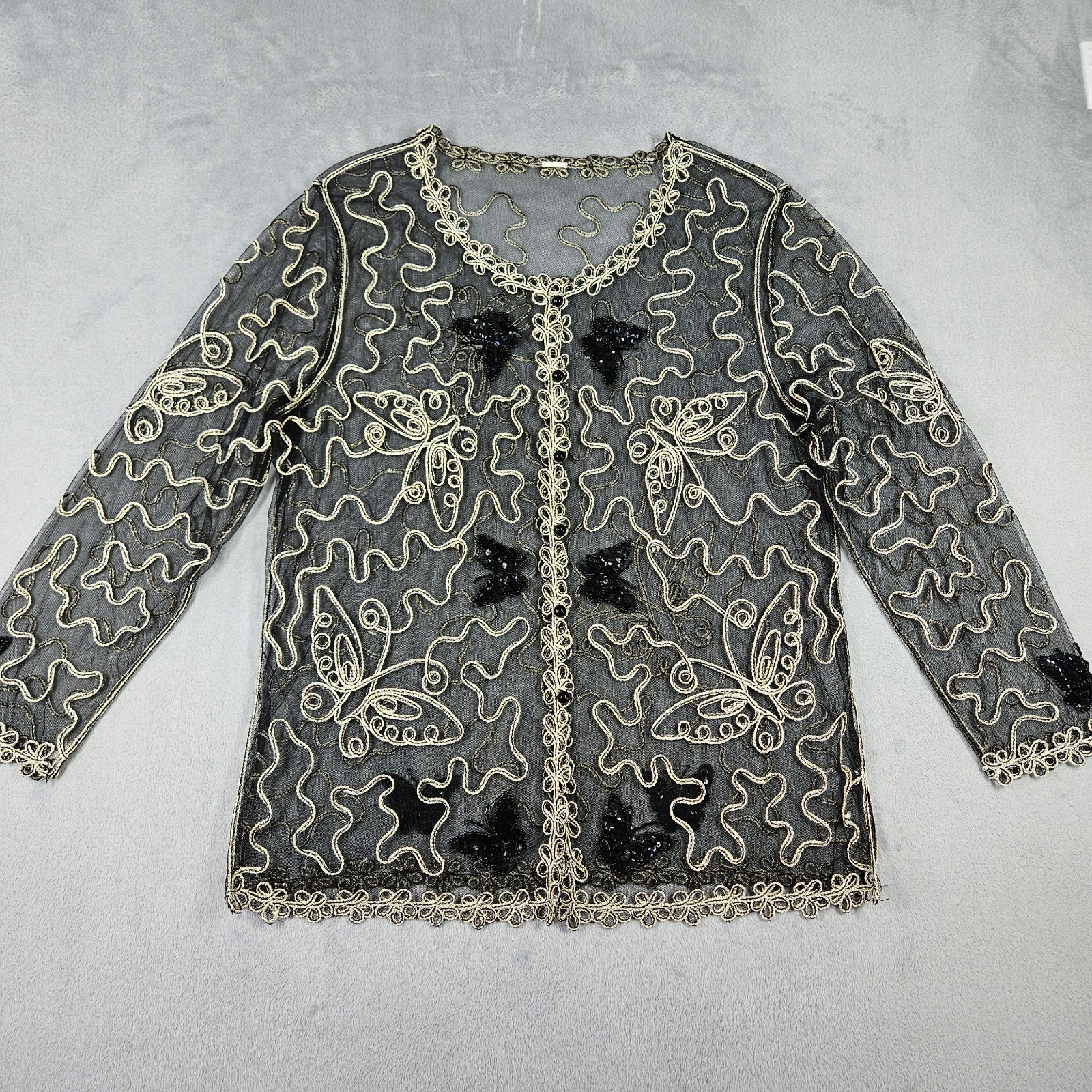 VTG Womens Butterfly 3D Embroidered Sheer Mesh Cardigan Shirt Black Gold No Tag