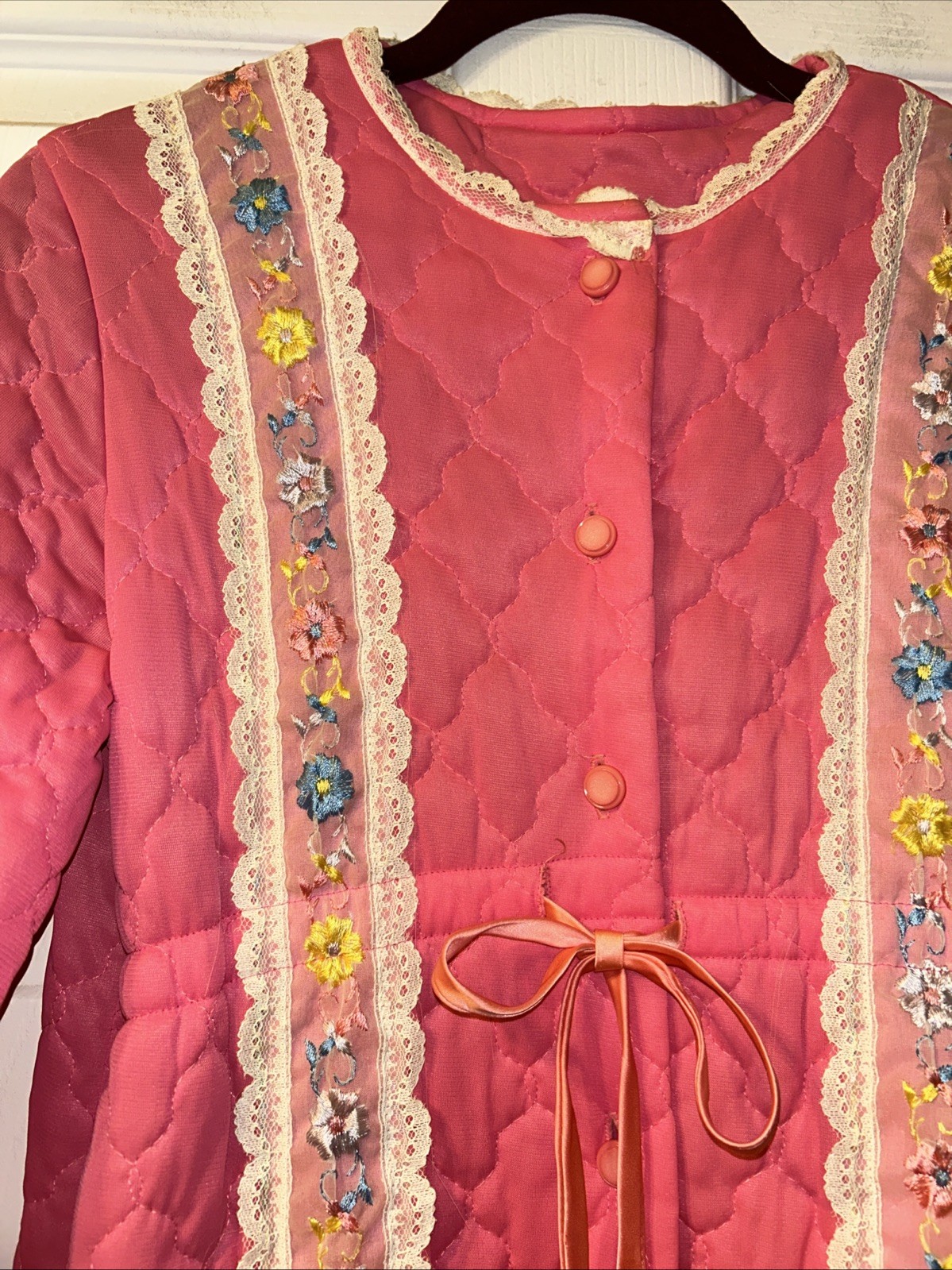 Vintage 60s 70s Light Quilted Pink Long Robe Grannycore Coastal Grandma Lingerie