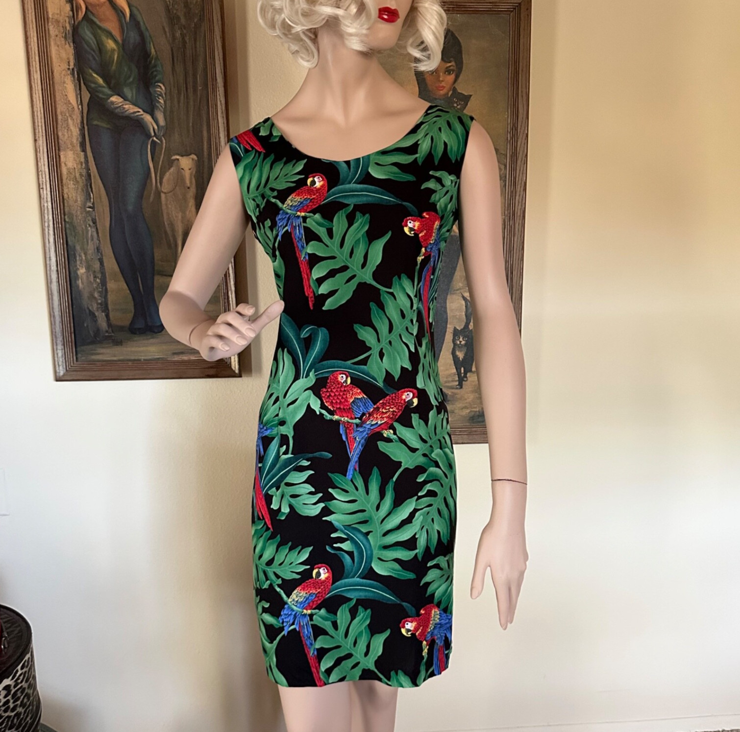 Vintage 1980s Magnum P.I. Hawaiian Tropical Parrot Mini Dress Paradise Found L