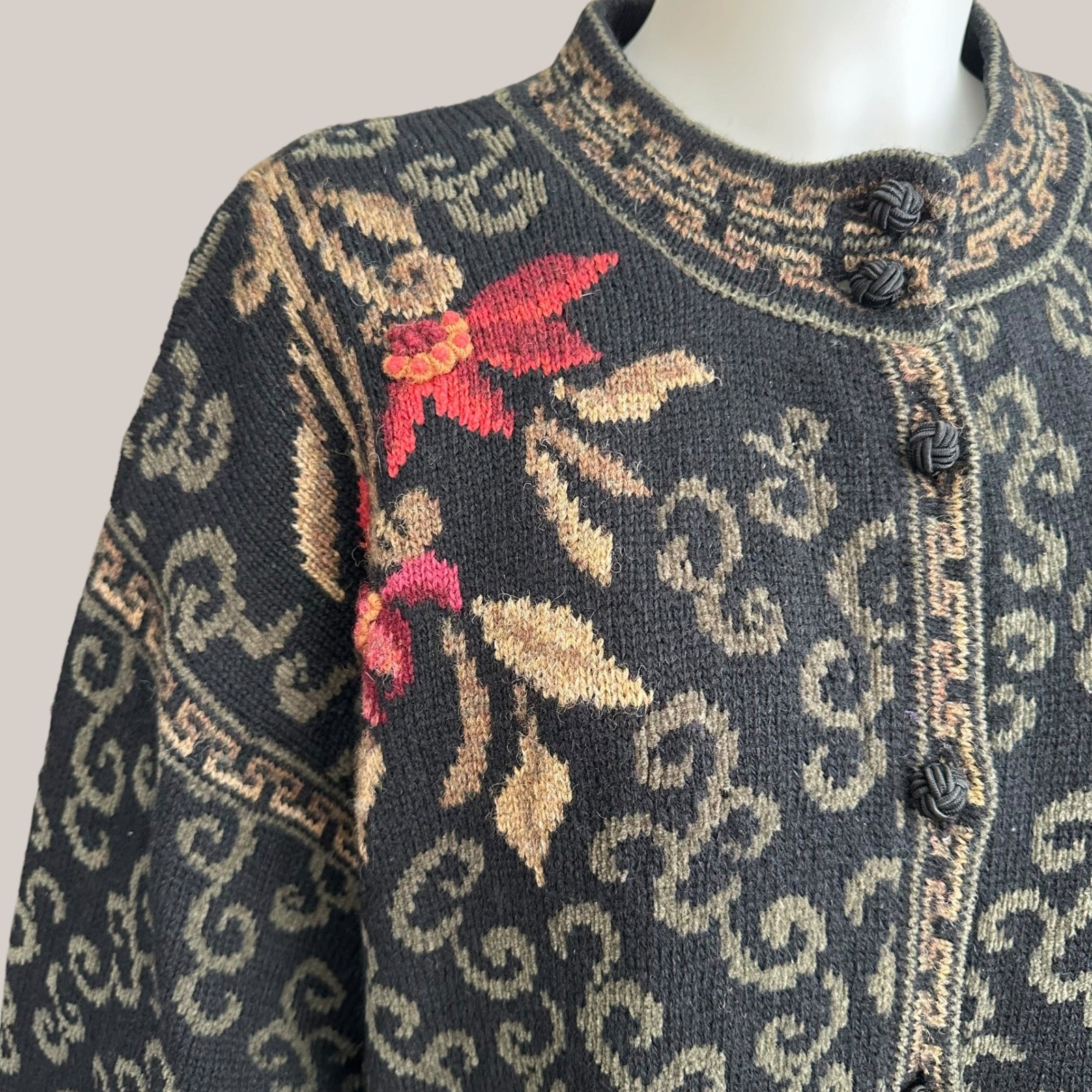 Icelandic Vintage 3D Chunky Fair Isle Knit Floral Embroidered Sweater XL