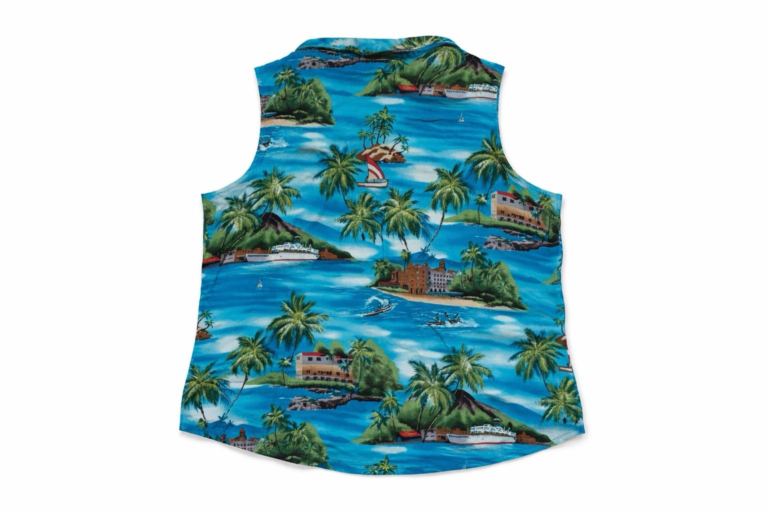 VTG Tropical Hawaiian Island Scenic Print Resort Button Down Sleeveless Shirt XL