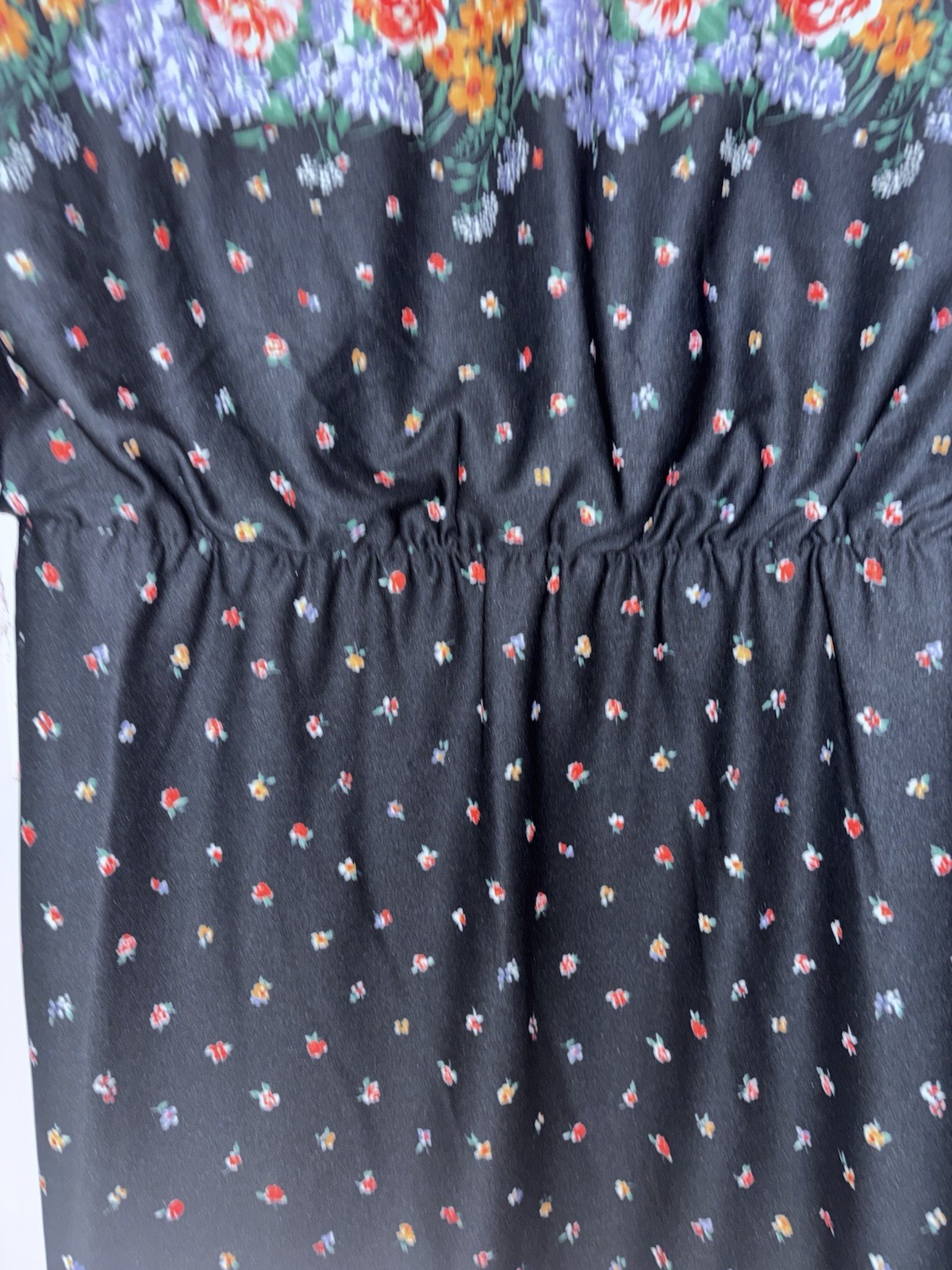 Vintage 70s Ellen Rogers Black Floral Dress Size 14.5 Or Large 3/4 Sleeves