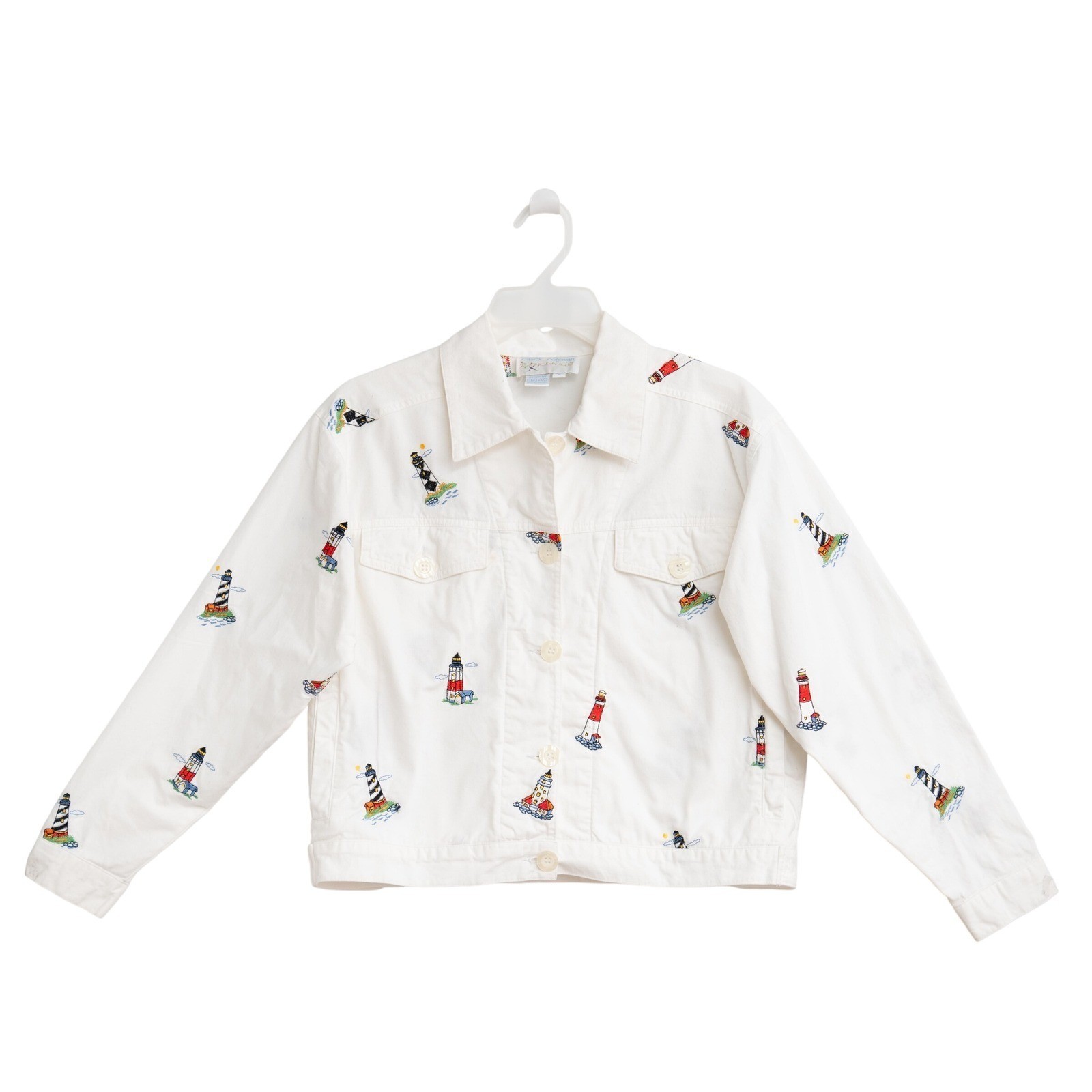 VTG 90s White Denim Embroidered Jacket Casey Coleman Sz S Lighthouse CottageCore