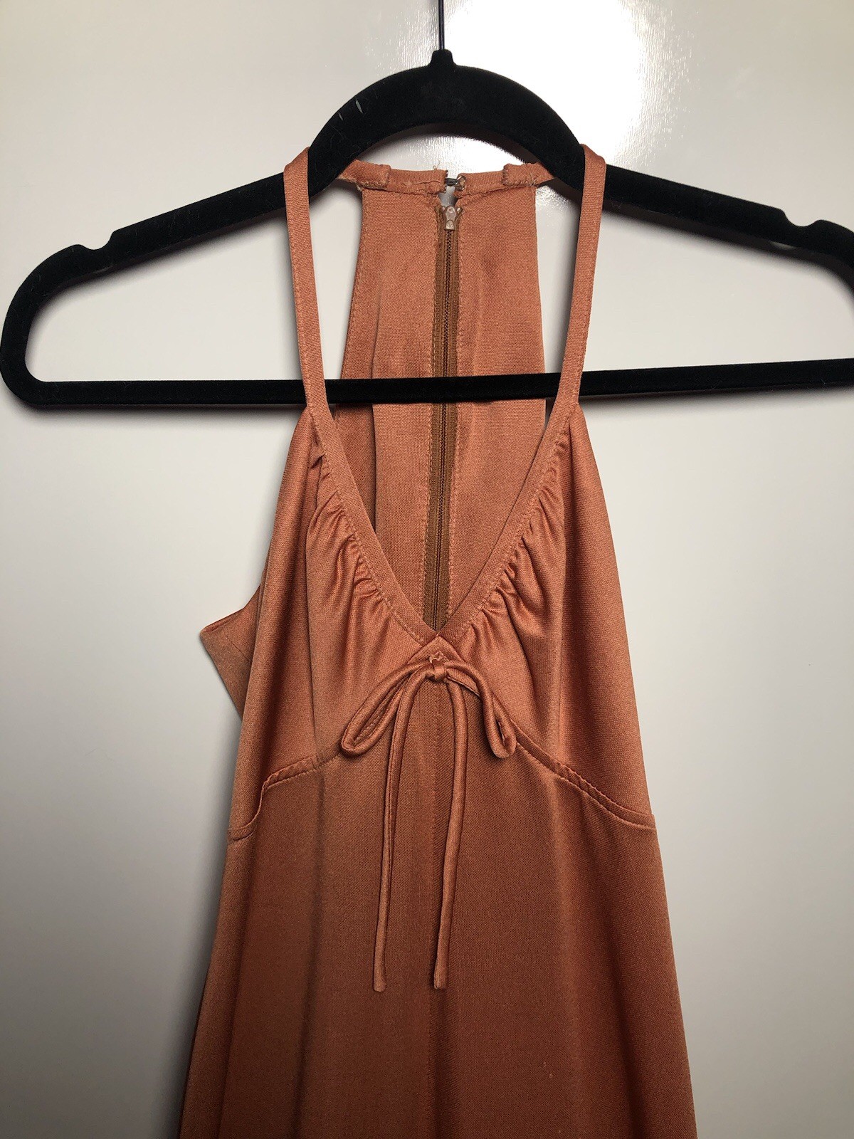Vtg 70s Halter Maxi Dress Burnt Orange Boho Disco Evening 30-28-34 S/XS DAMAGED