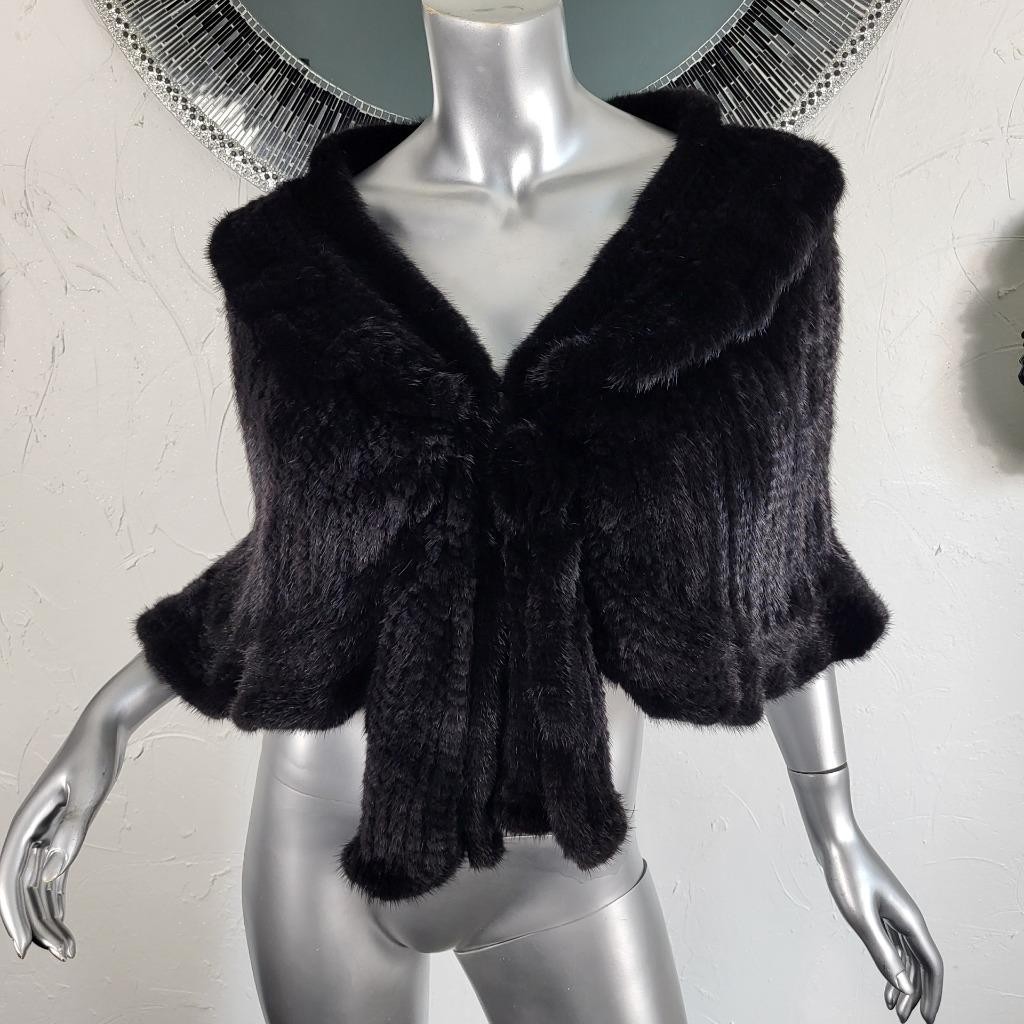 SAKOWITZ~S/M/L~VINTAGE BLACK KNITTED GENUINE REAL MINK FUR STOLE WRAP CAPE COAT