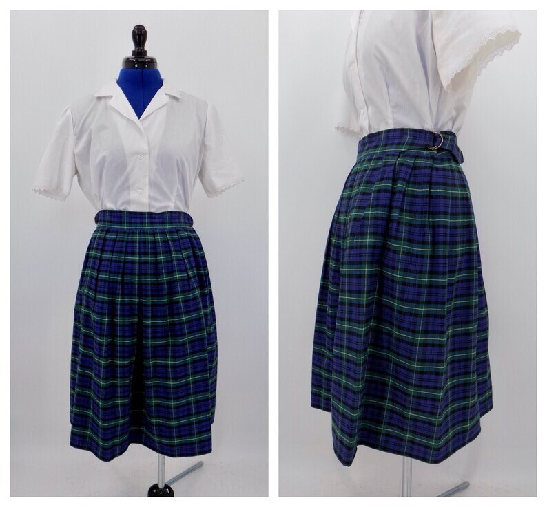 Vintage 90s does 50s David Brooks Green, Blue, and Yellow Plaid A-Line Skirt W26