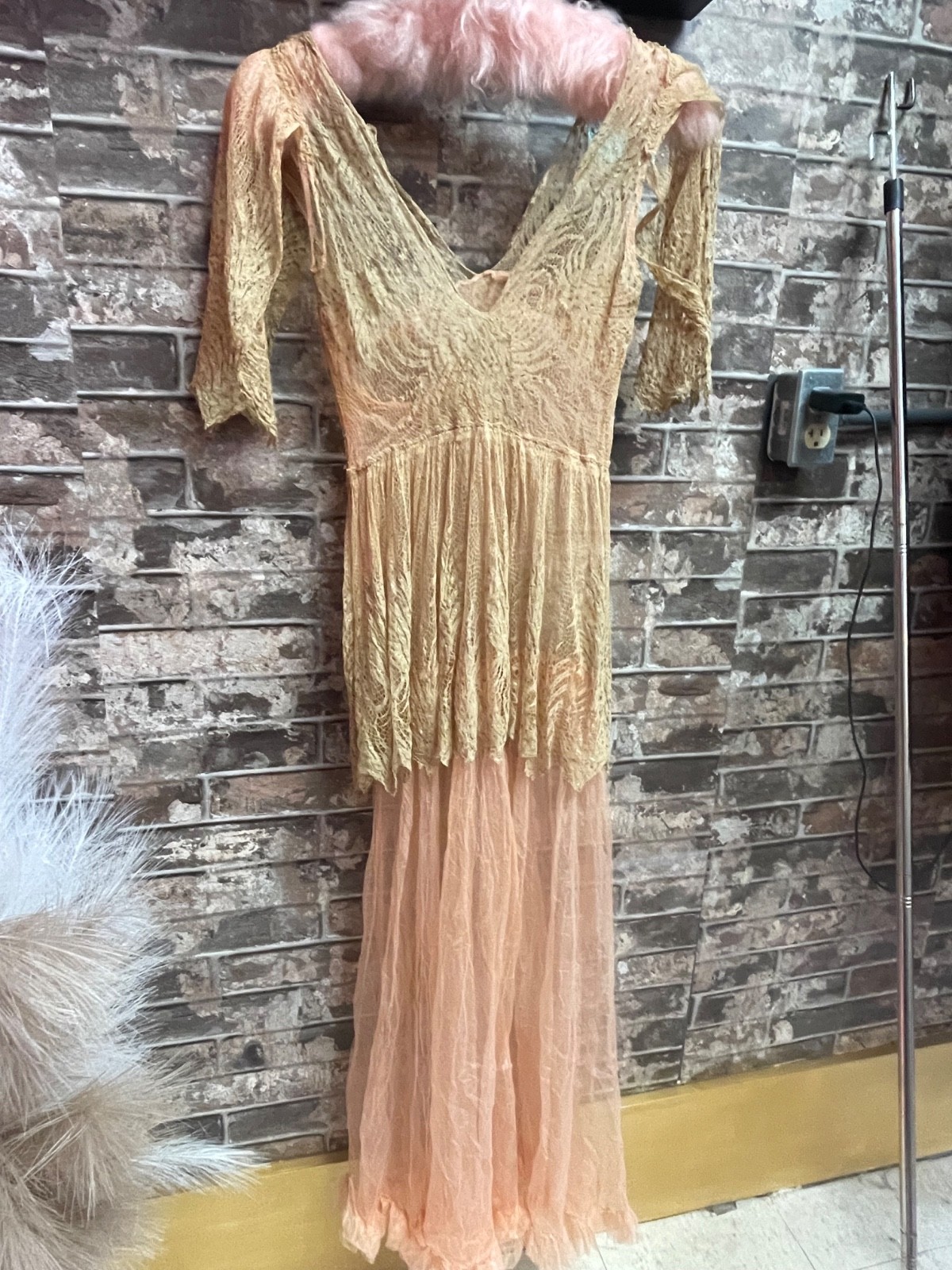 ANTIQUE 1920’S SHEER Peach French Lace Long DRESS Hand Sewn Grosgrain Ribbon