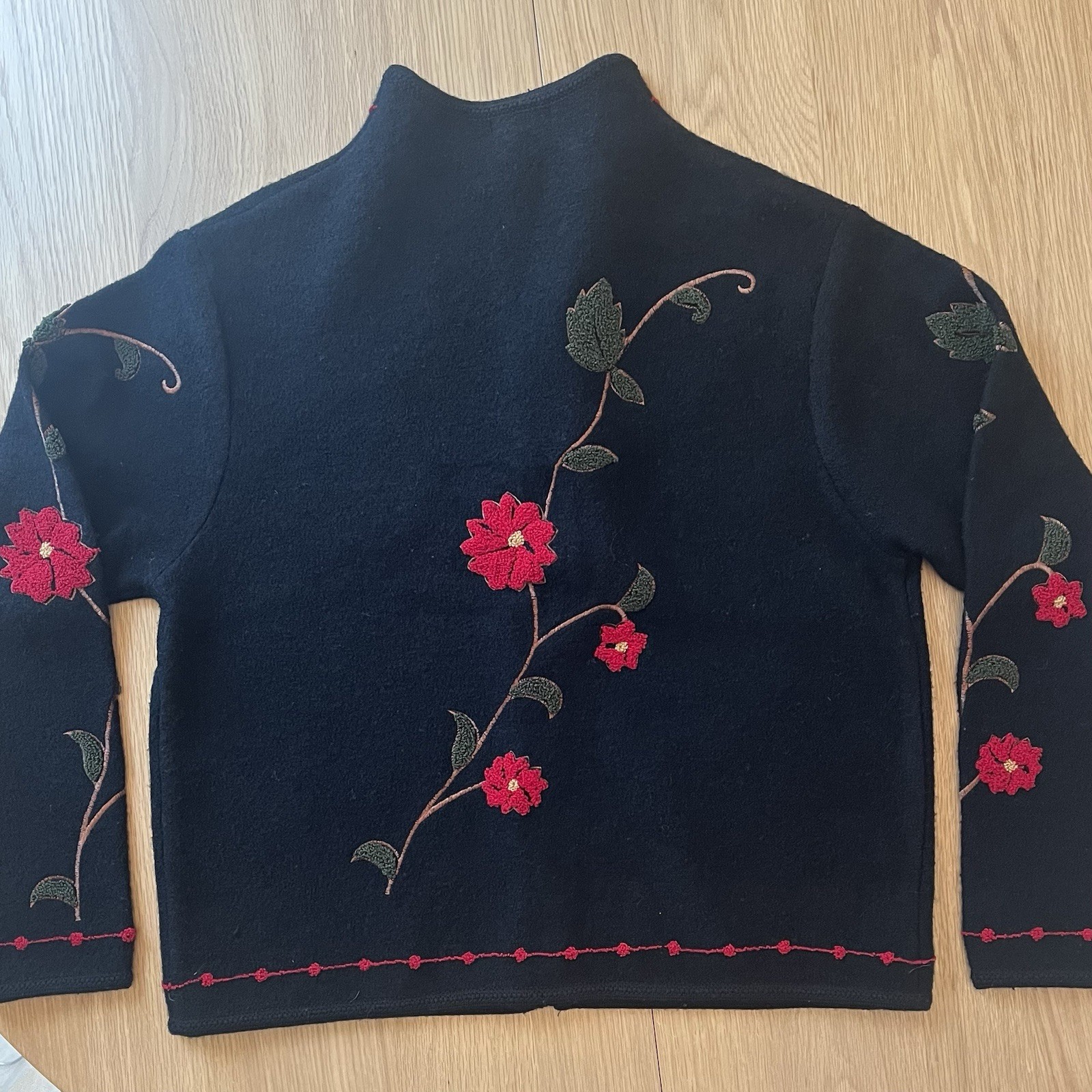 Tally Ho 100% Wool Floral Embroidered Zip Jacket Black Red Flowers Women’s M