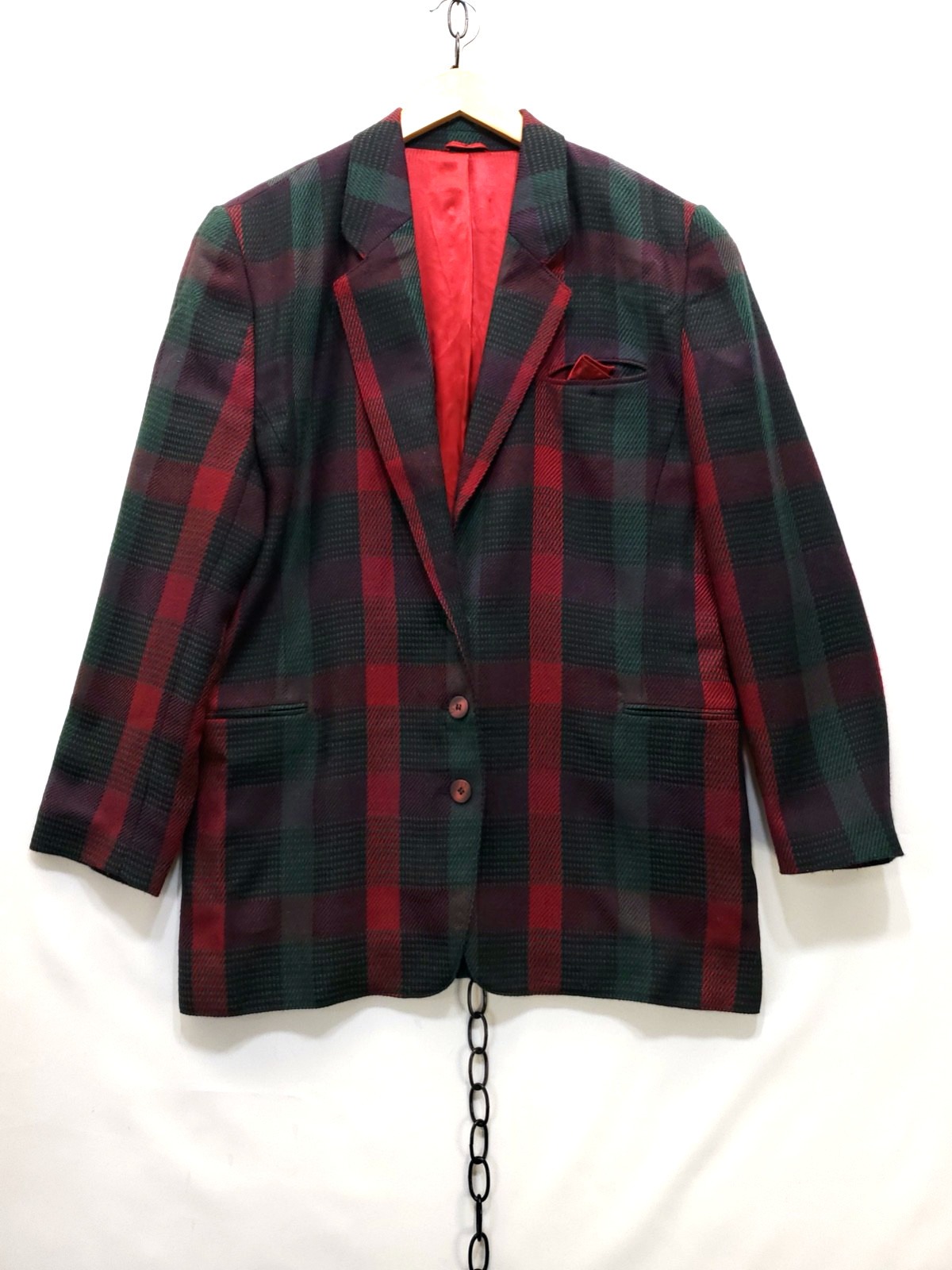 80s Mondi West Germany Hunter Green Burgundy Plaid Rayon Lined Wool Blazer Sz 40