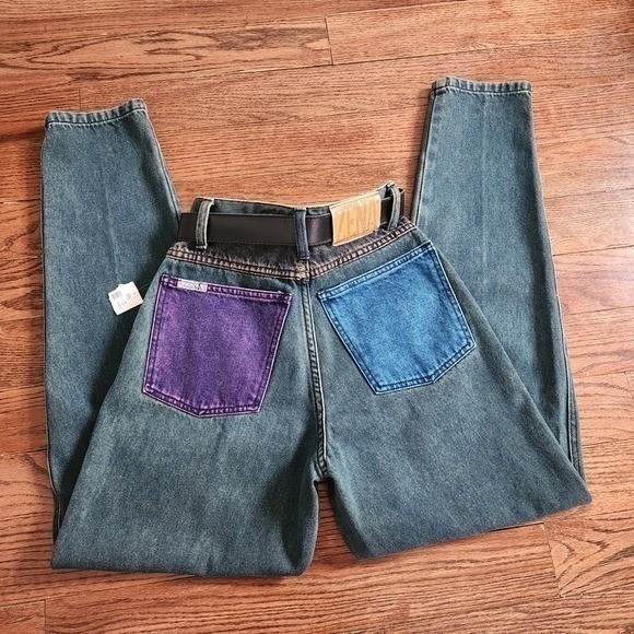Deadstock Zena Jeans Tapered High Waisted Womens 24 Blue Vintage 90s Colorblock