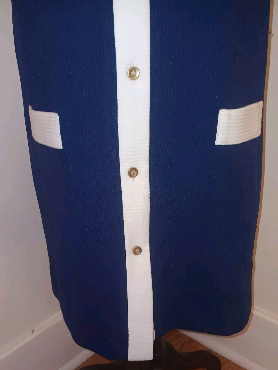 1960s Navy Blue Knit Shirt Dress Ribbed Waitress Stewardess Pockets Size 16 VTG