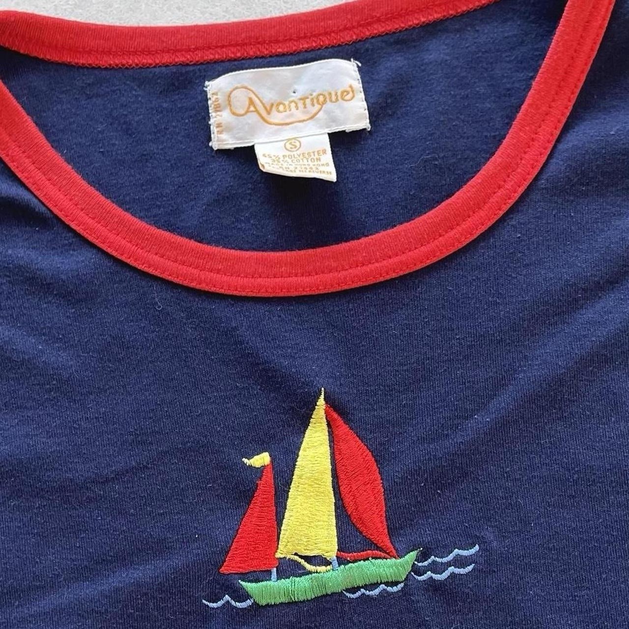 Vintage Avantique Retro Navy Blue Red Ringer Tee Shirt with Embroidered Sailboat