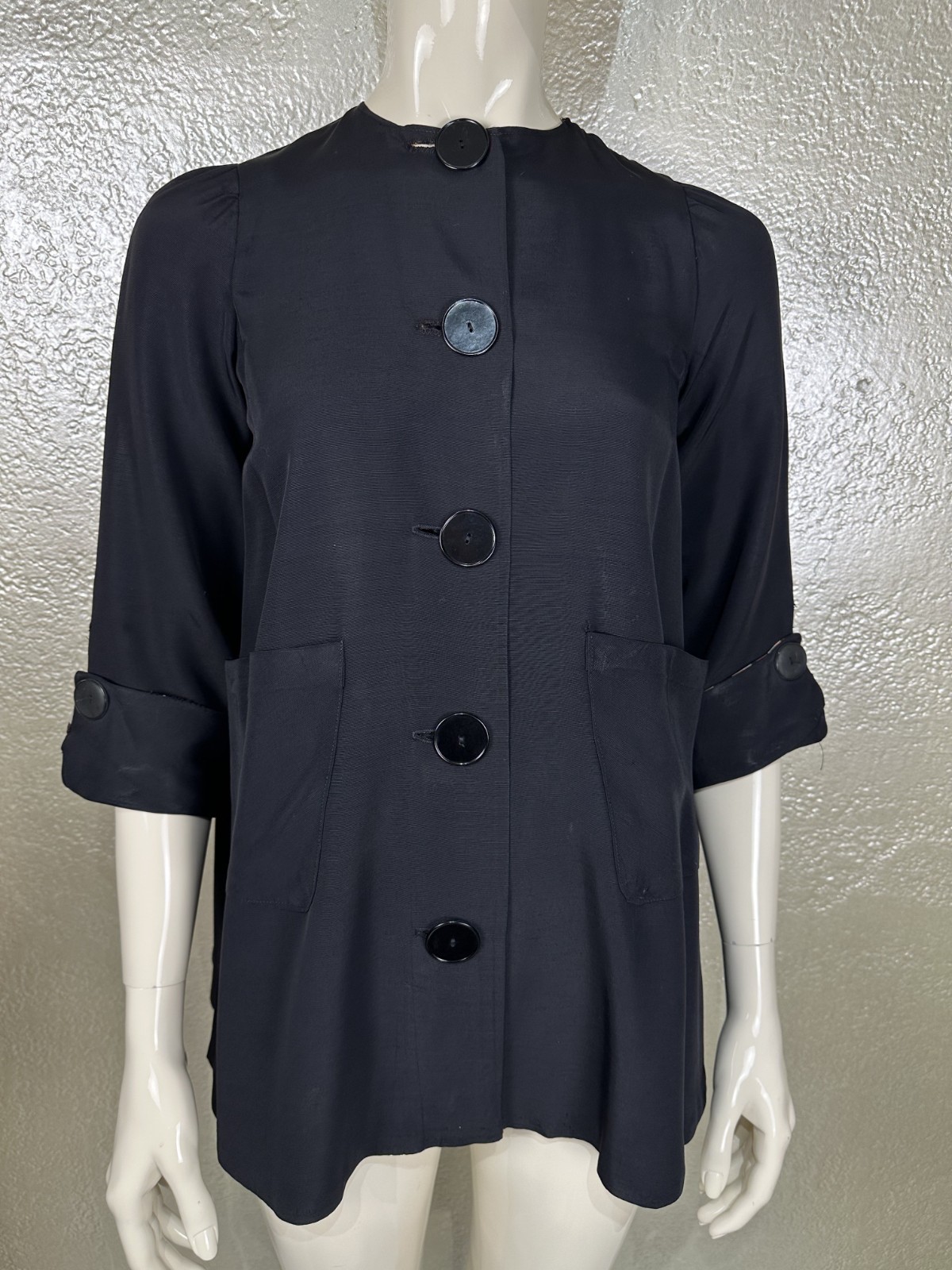 Vintage 1940’s Handmade Black Satin Rayon Jacket Lightweight ¾” Sleeve Petite