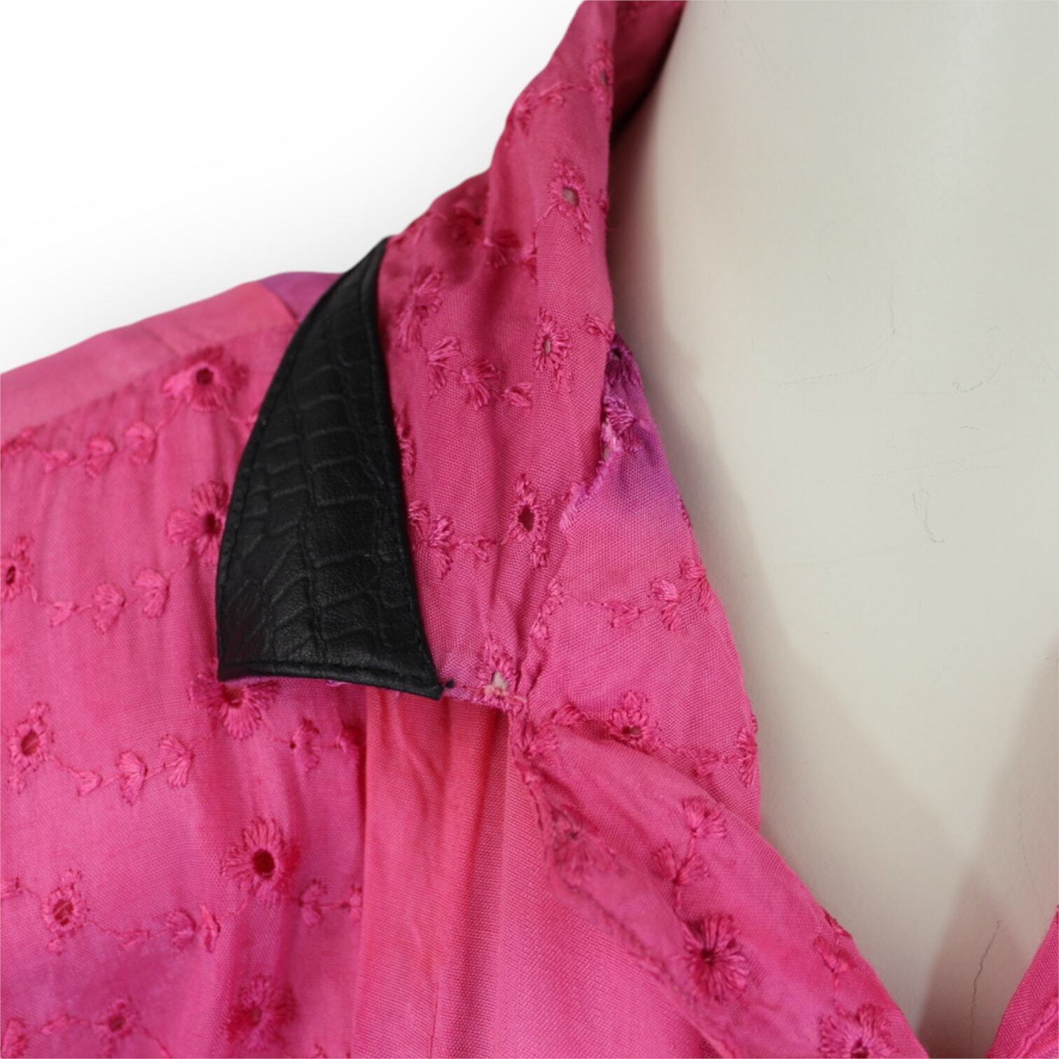 Vintage 80s Maharaj Blouse (S) Rayon FauxLeather Embroider Dyed S/S ButtonUp