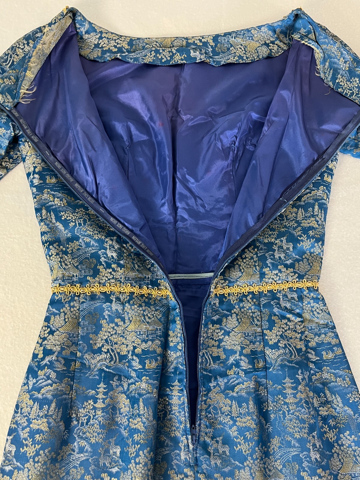 Vintage 50s Gold Jacquard Brocade Dress Womens S Blue Cocktail Talon Zip