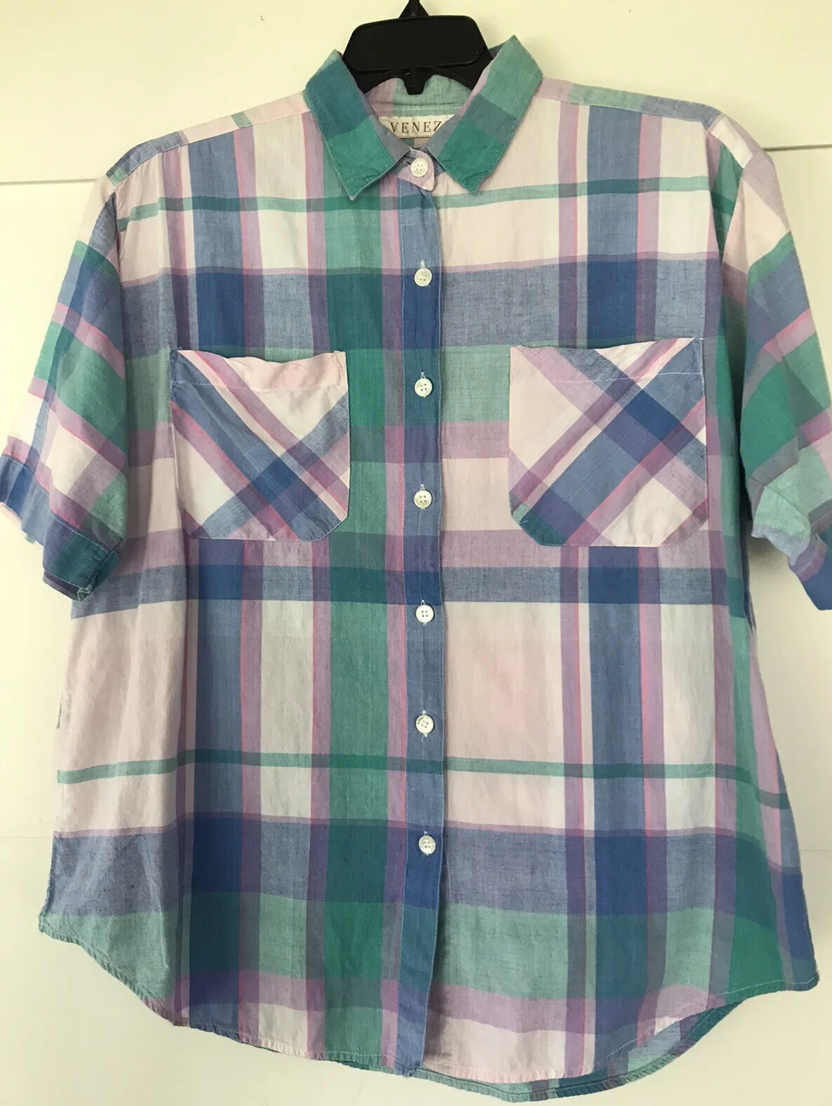 Vintage VENEZIA Women’s Button Down Plaid Pastel Mom Top 18/20