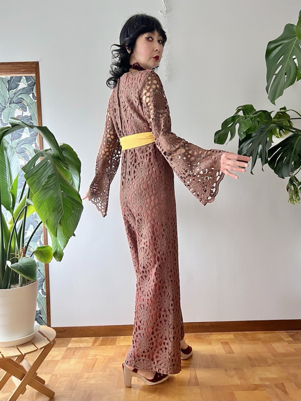 60s 70s Joy Stevens California Crochet Lace Bell Sleeve Flared Wide Leg Jumpsuit