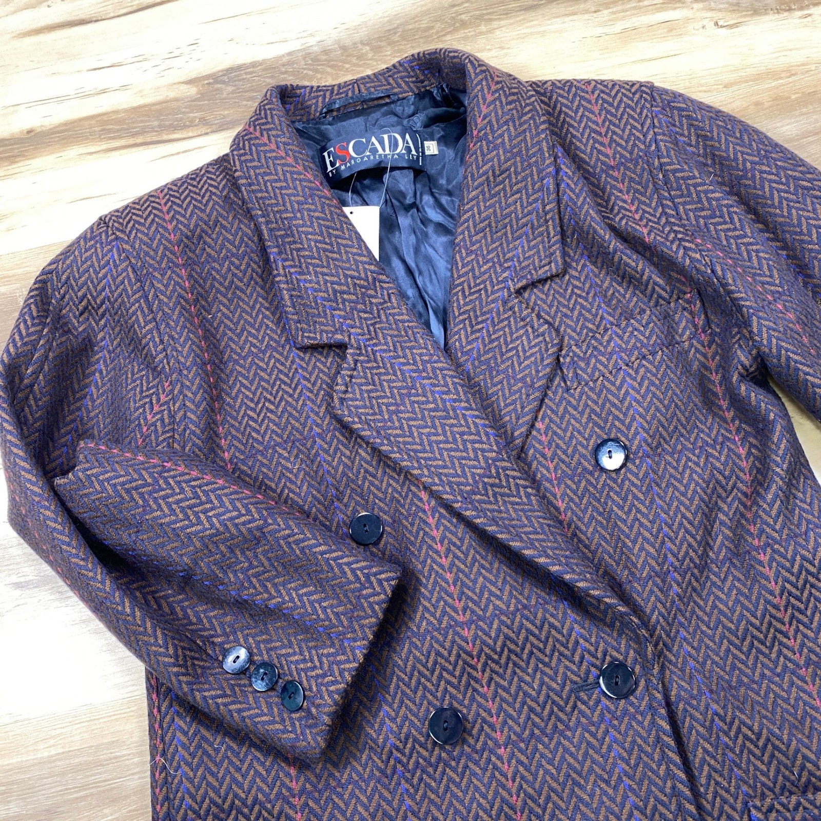 80s Escada Margaretha Ley West Germany Herringbone Wool Double Breast Blazer 36