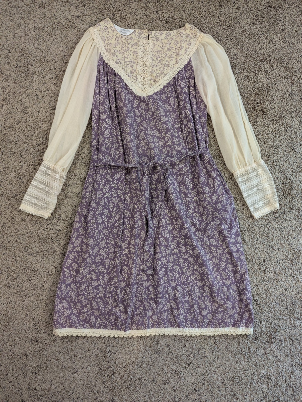 Vintage 1970’s JC Penney Purple Floral & Lace Boho Prairie Style Dress Size 18