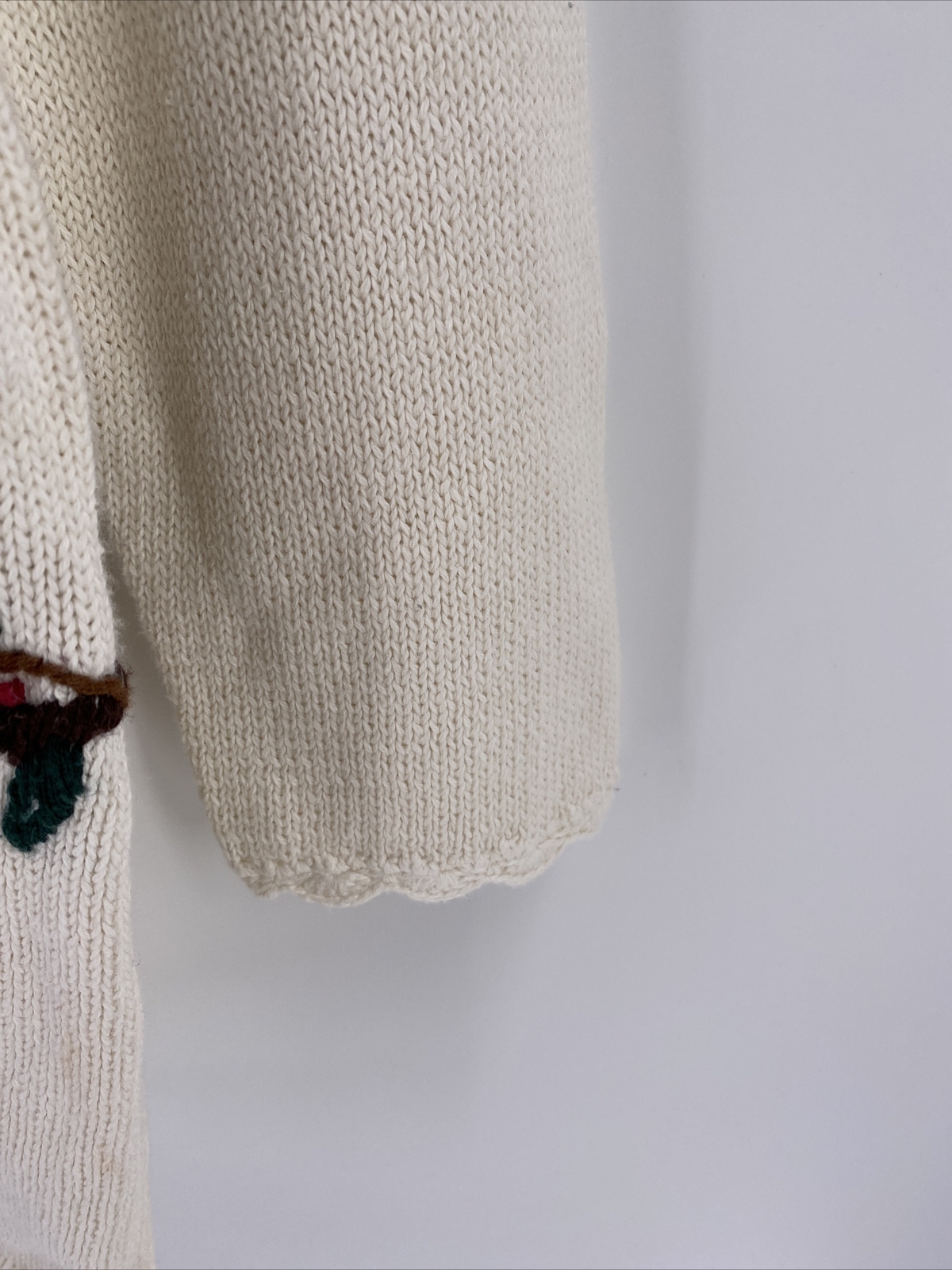 Vtg Cotton Collectables L Sweater Cream Embroidered Floral Vines Crochet Trim