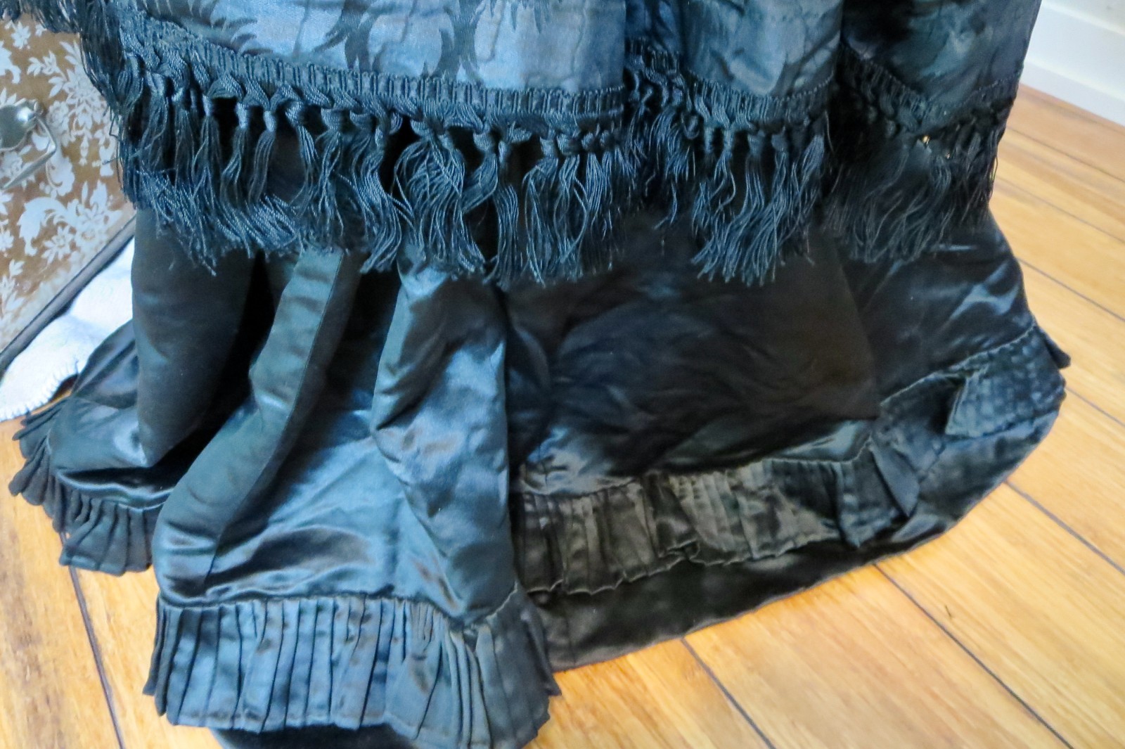 Antique 1860s Black Silk Mourning Dress Fern Pattern Fringe & Ruffle 2 Piece