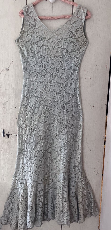 Vtg 1930’s Cotton Lace Gown / Dress w Jacket Light Grey/Blue