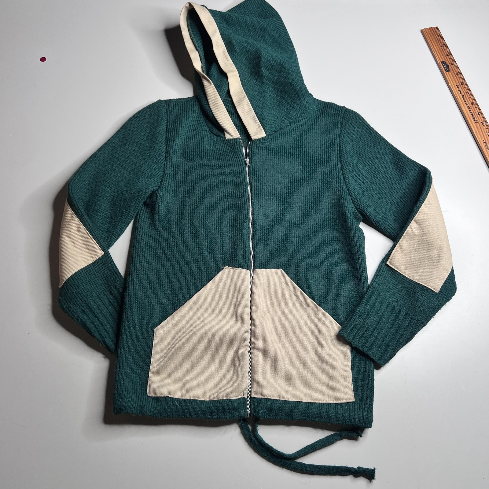 50s Vintage Hoodie Sweater M Green Hooded Full Zip Knit Jacket Pockets