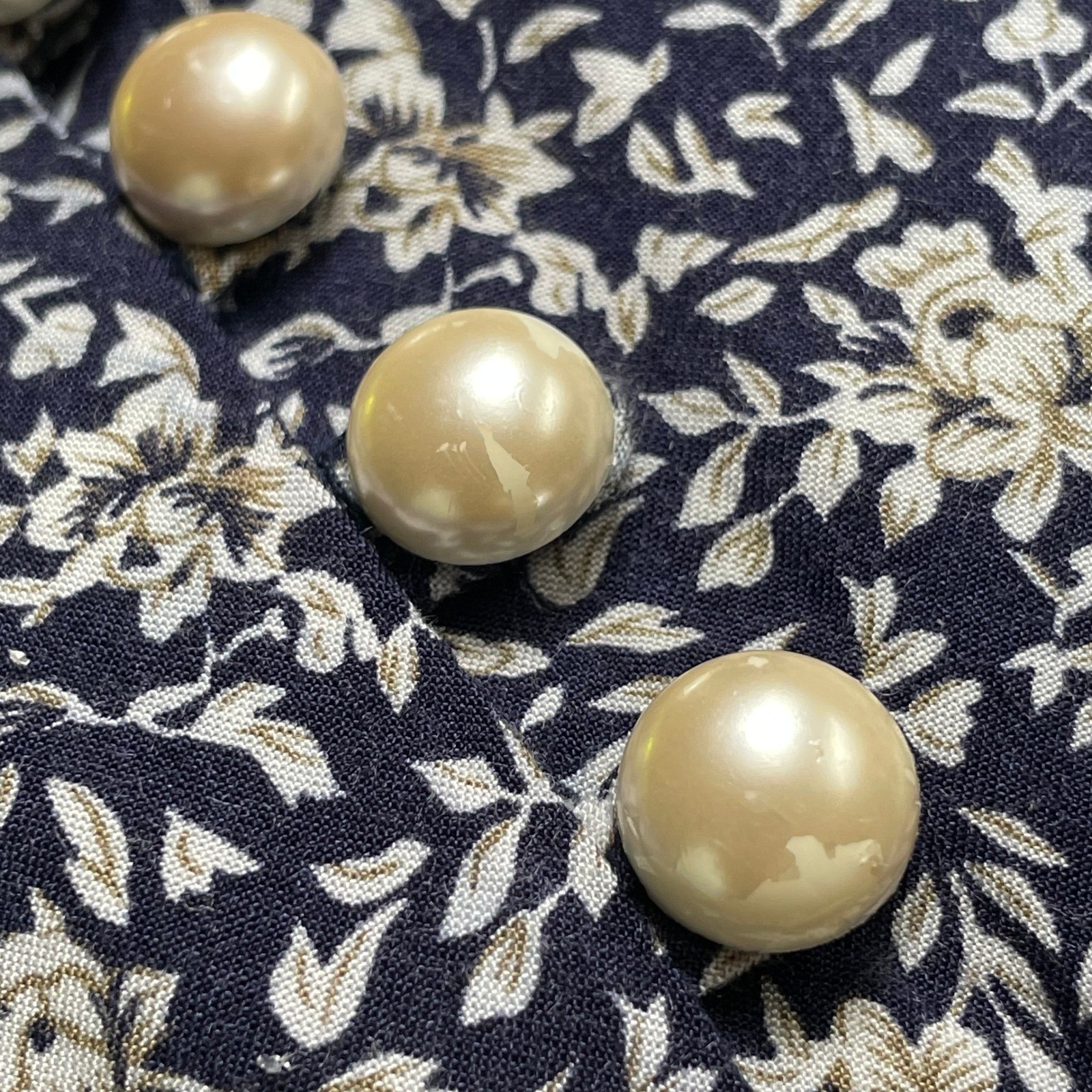 Vintage Paris Sport Club Dress Navy Floral Midi Faux Pearl Button Juniors Size 3