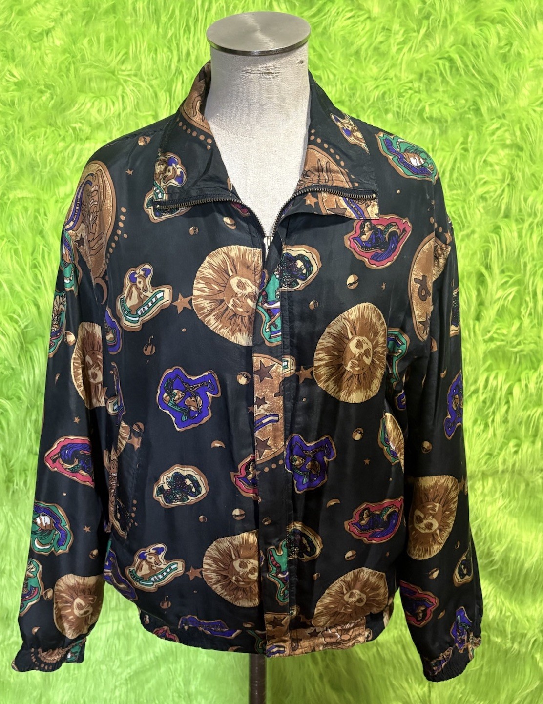 Vintage 90’s Zodiac Astrology Celestial Sun Silk Bomber Jacket AM Studio Medium