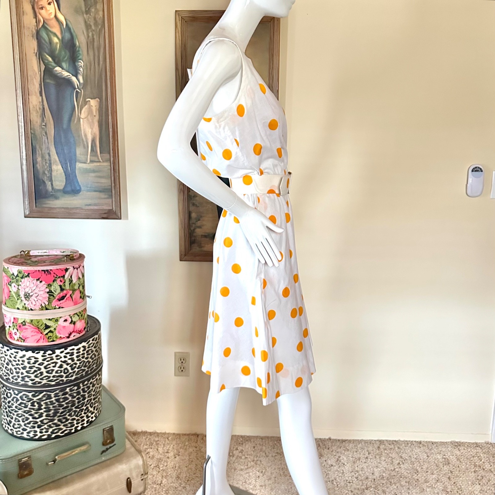 Vintage 1980s Preppy Yellow Polka-dot Skater Circle Mini Dress L Volup