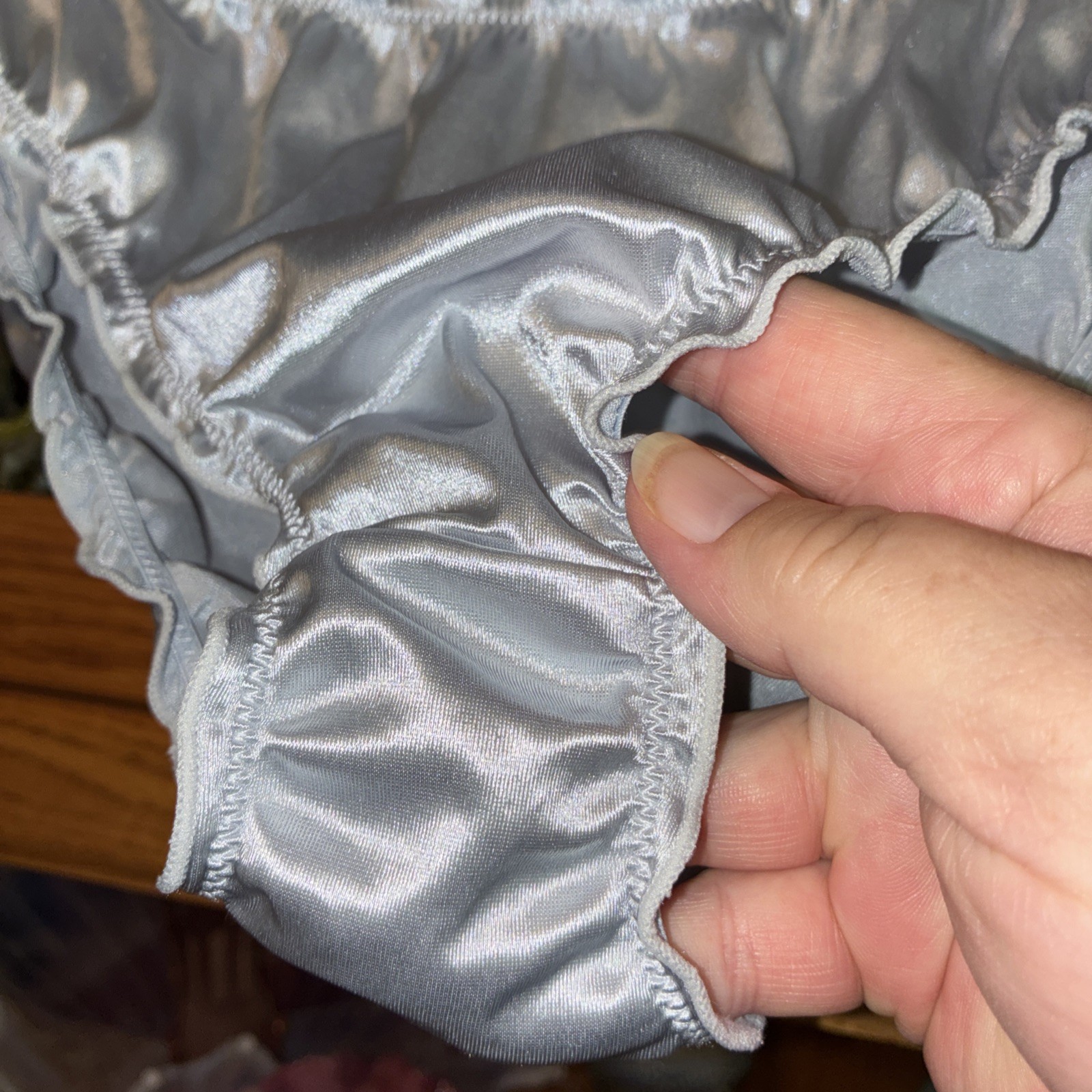 Vintage XL Bikini High Cut Panties Shiny Glossy Silver Polymide Panty Ruffled