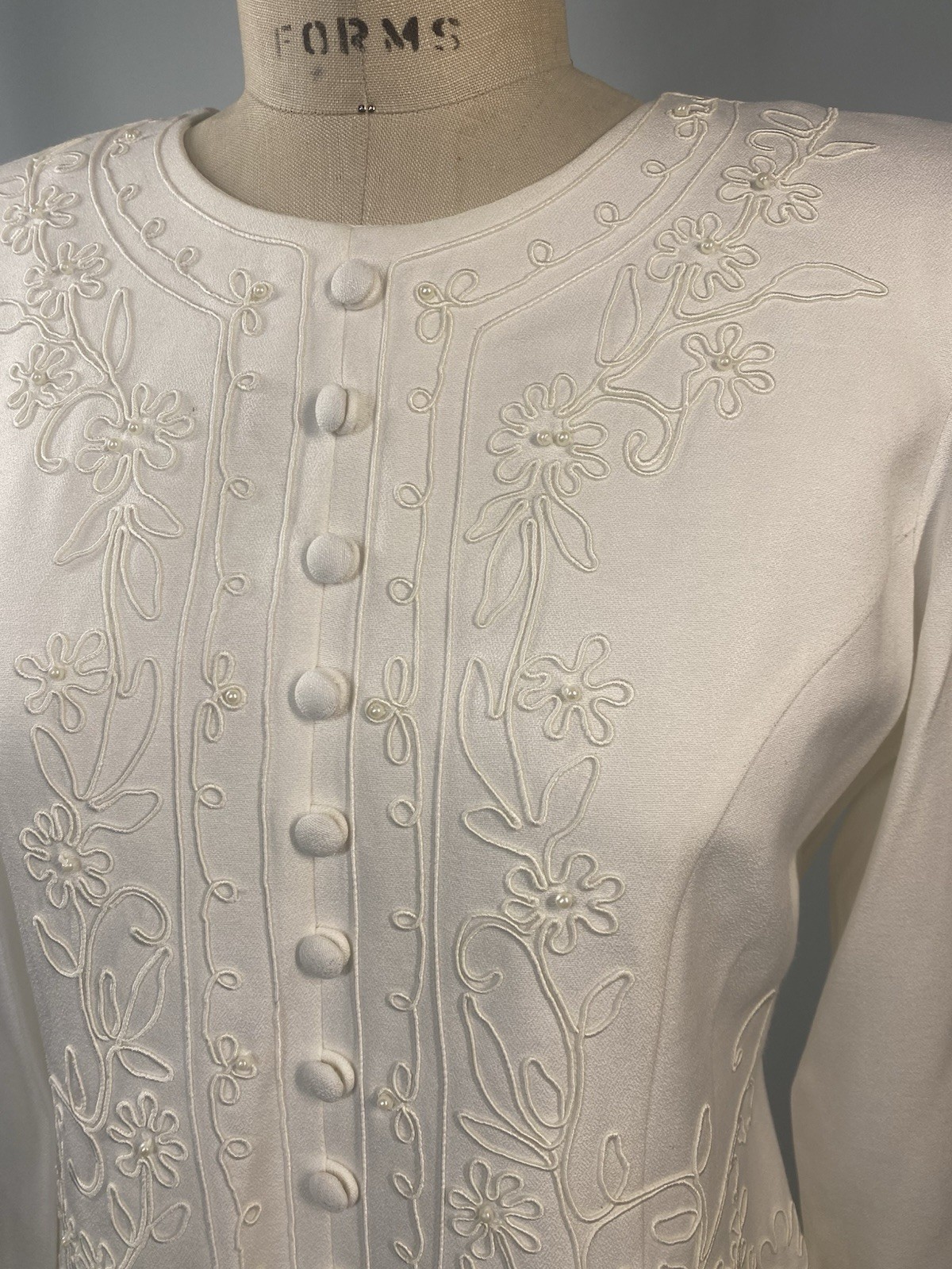 Vintage Dress SIZE 10P MEDIUM ivory white KARIN STEVENS classic MOB 80s 90s