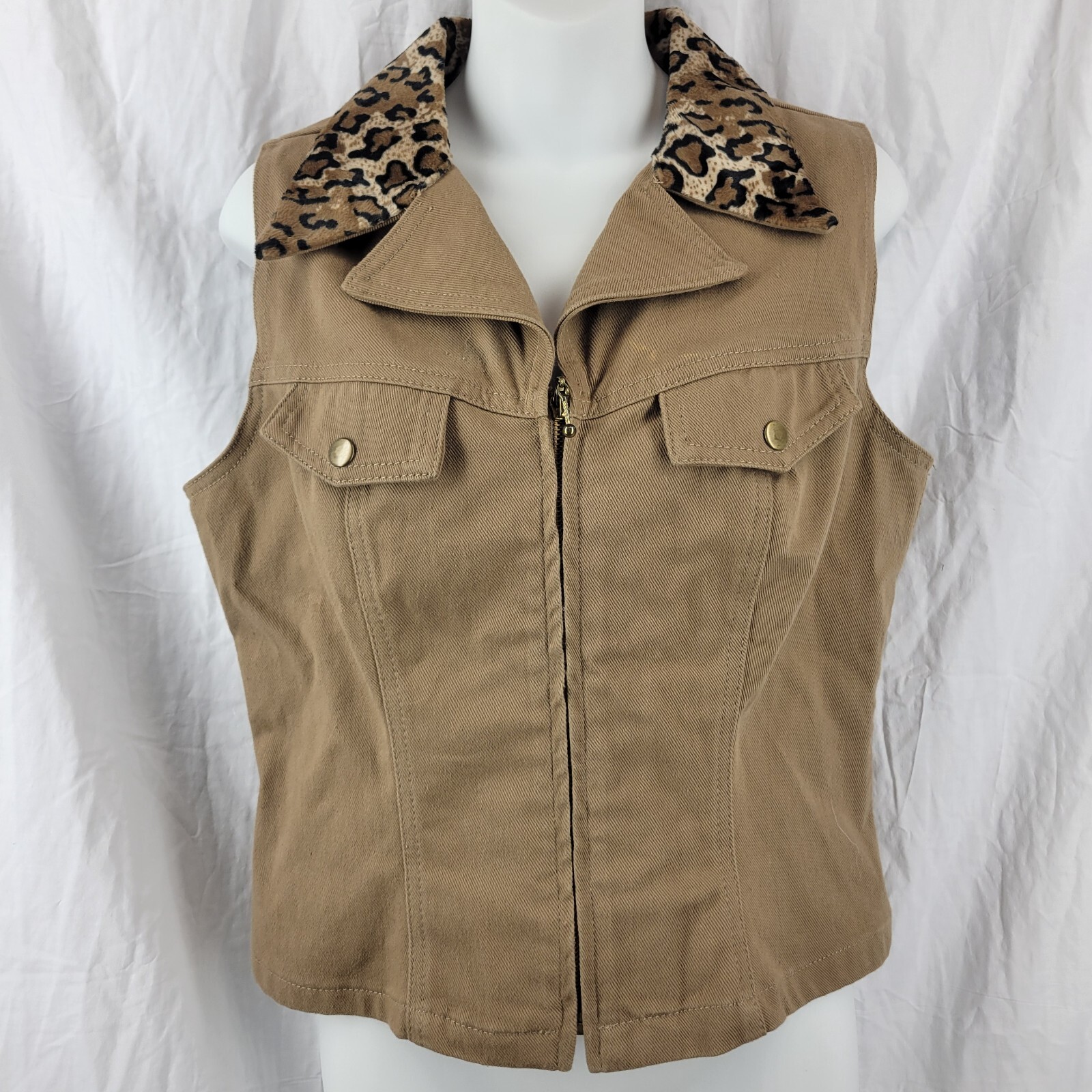 VTG Point blank Paris Blues Y2K Size Large Khaki Vest Leopard Trim Corset Back