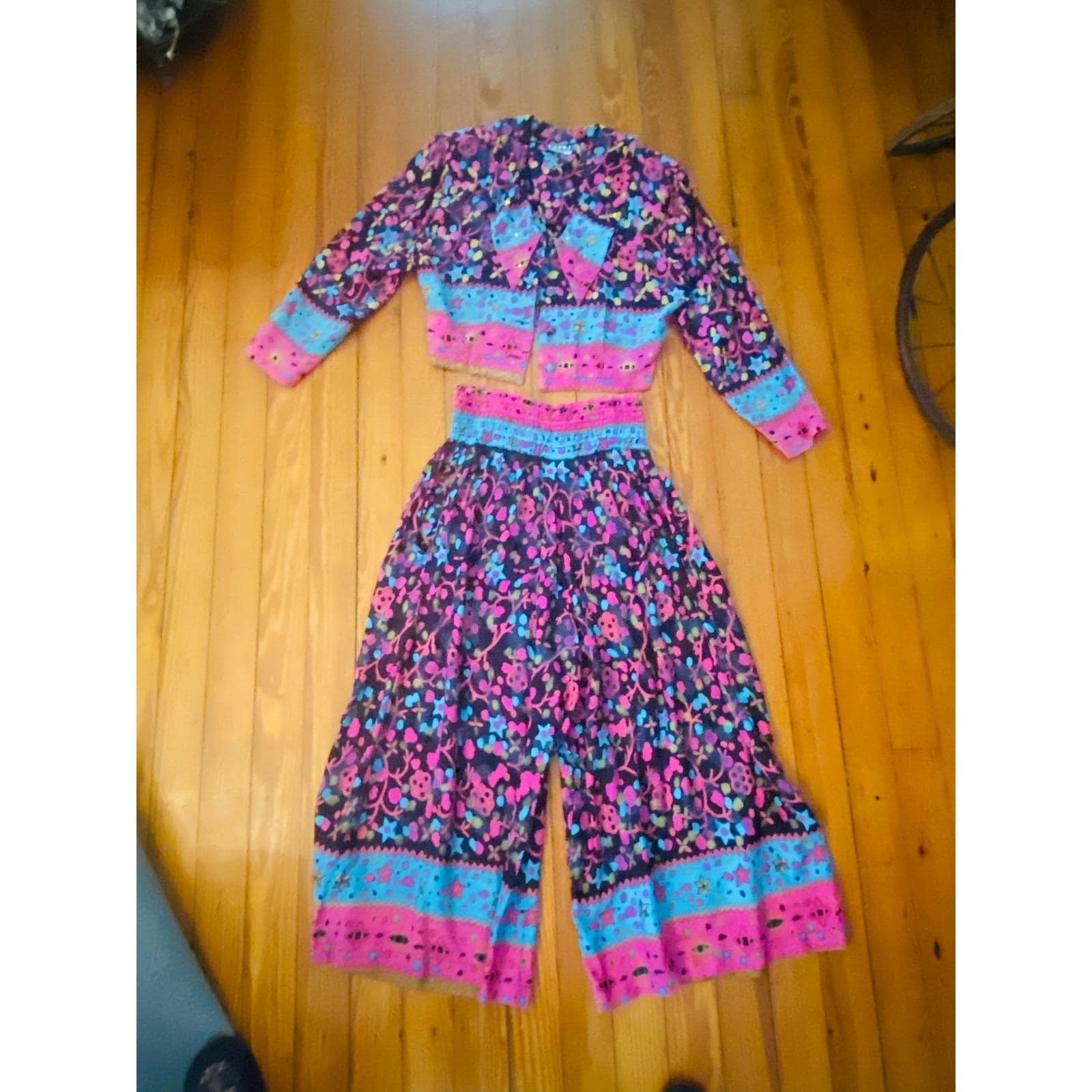Vtg 80’s Faith 2 Piece Small Floral Sequin Crop Jacket Wide Leg Pants new wave
