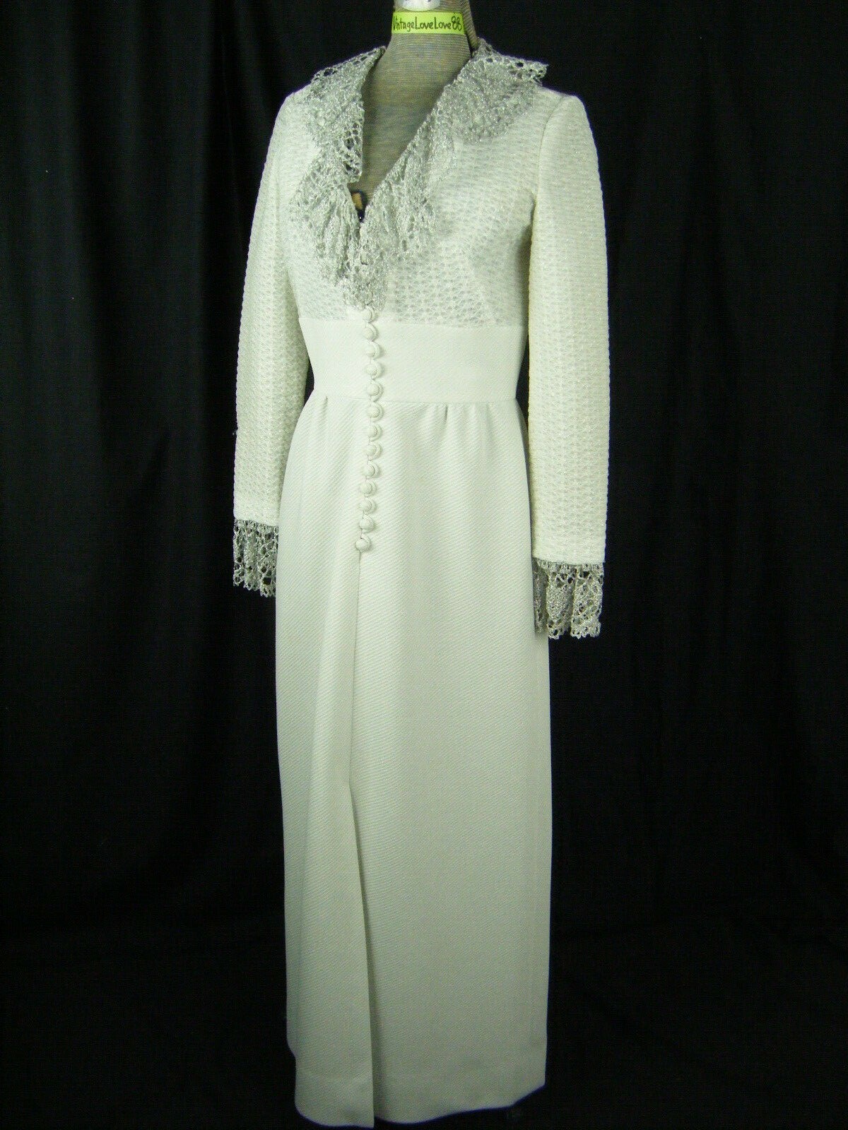 NARDIS OF DALLAS Vtg 60s Sparkle Silver Crochet Lace Knit Dress-Bust 35/XS