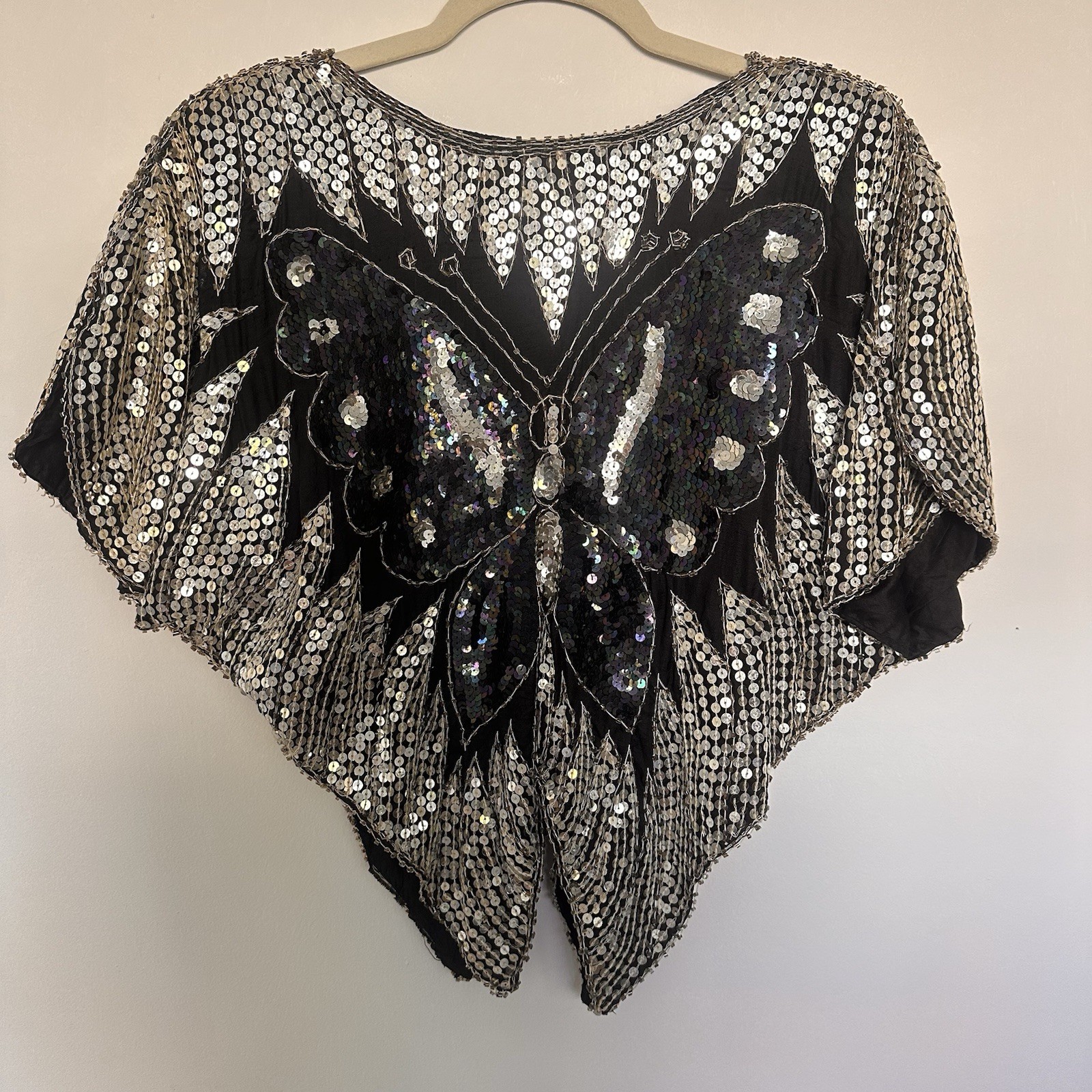 Vintage Beaded Silk Sequin Silver and Black Butterfly Top 70s Disco