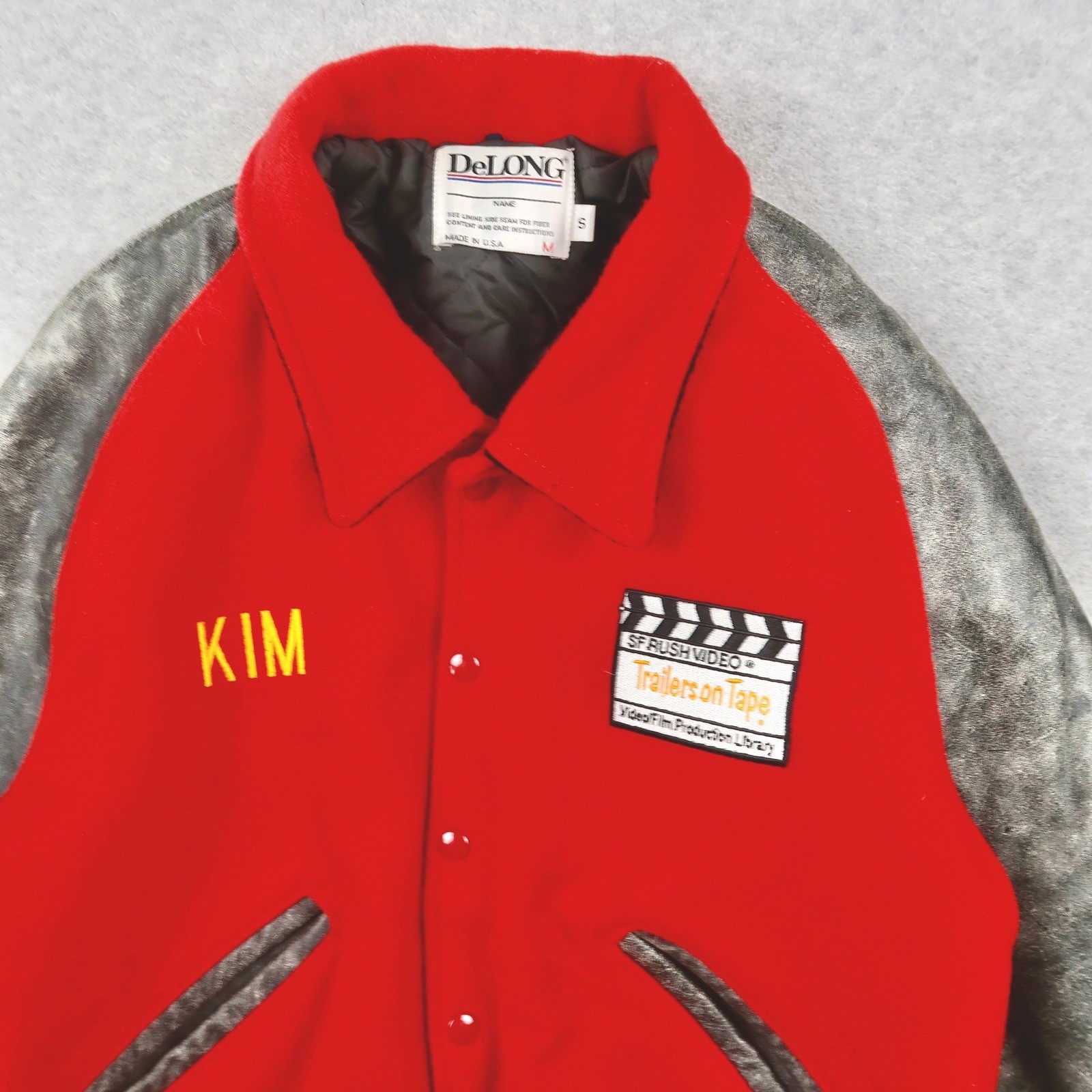 Vintage 90s Varsity Jacket Red Wool Trailers on Tape Hollywood USA Kim Small S