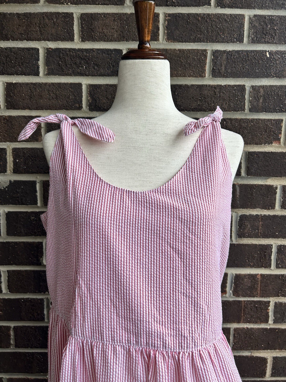 80s 90s Red Striped Seersucker Shift Dress Tomato Girl Cottagecore Sundress L