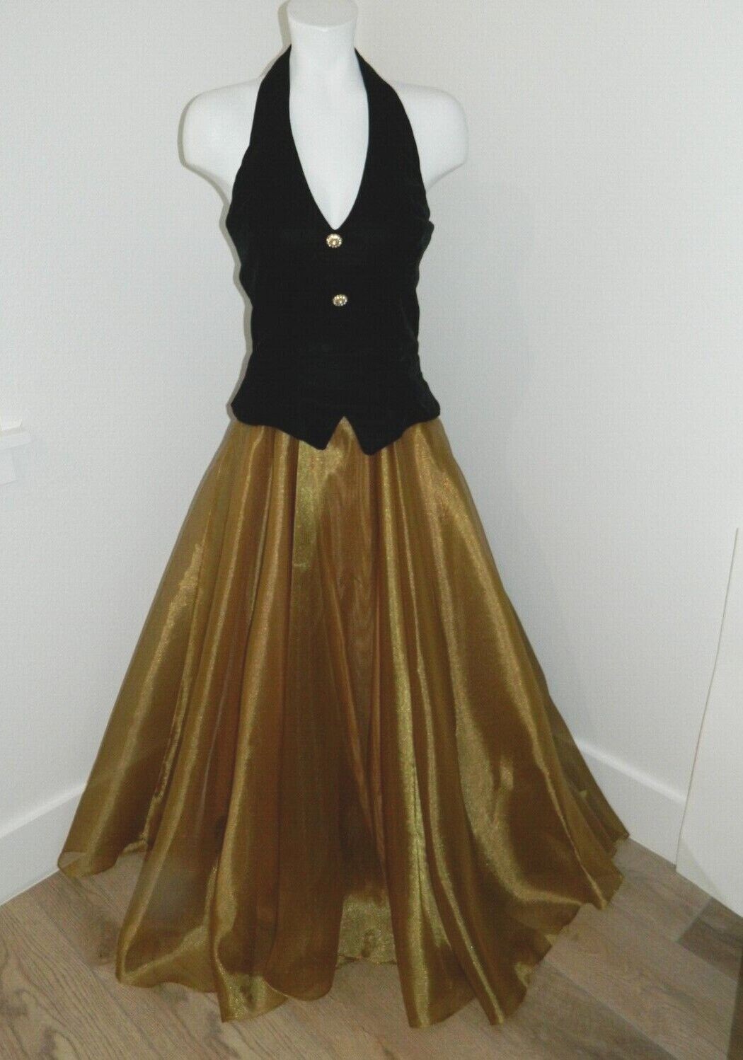 Vtg. Dave & Johnny Bl Halter Gold Skirt Prom Special Occasion Holiday Dress 9-10