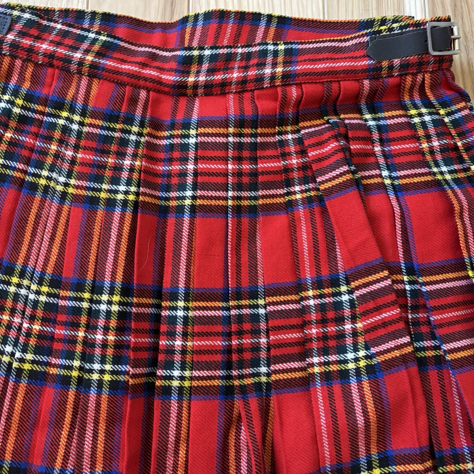 Vintage Pleated Red Plaid Wool Blend Buckle Accent Wrap Style Skirt