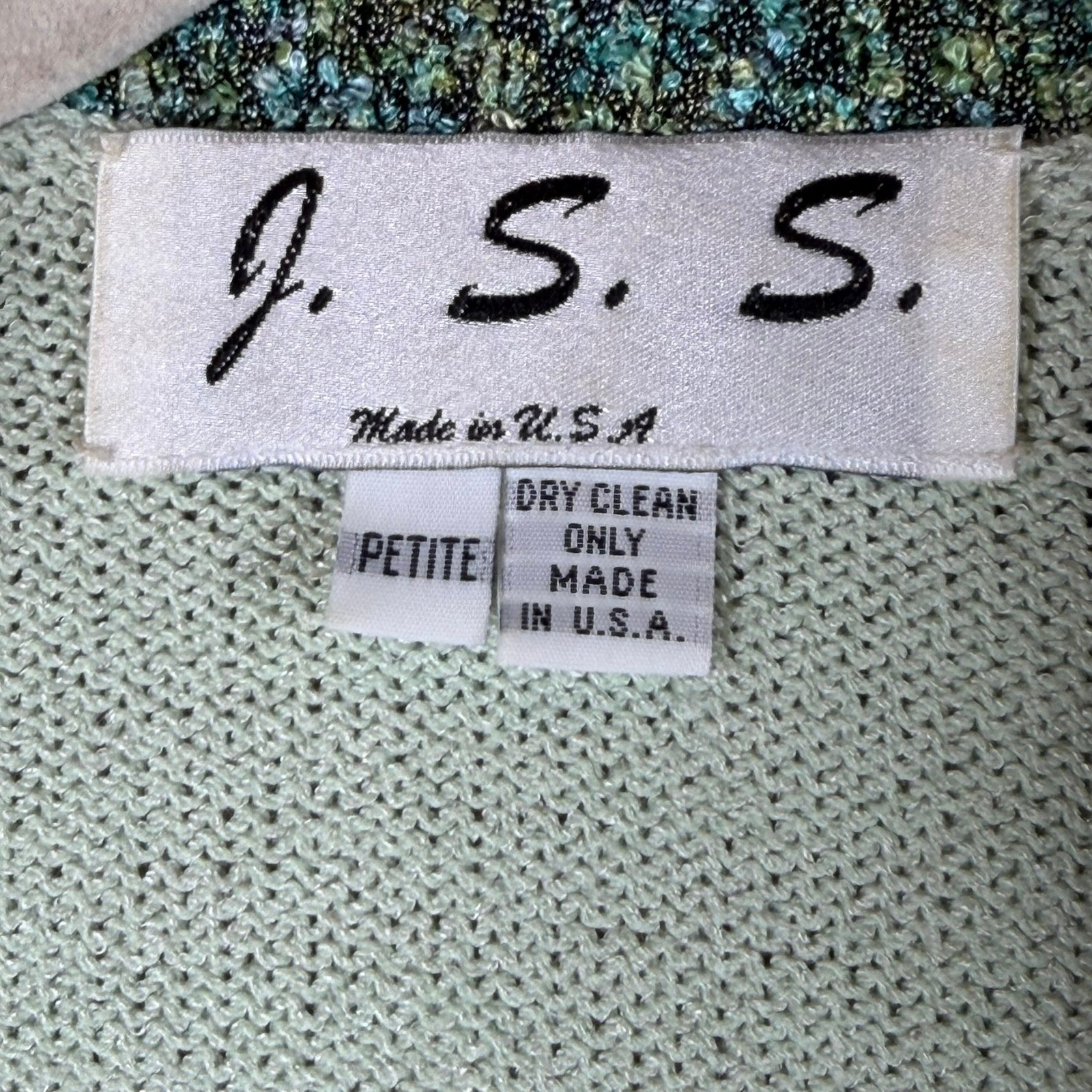 J.S.S. Vintage Mint Green Wool Blend Knit Skirt Set Petite Made in USA Cardigan