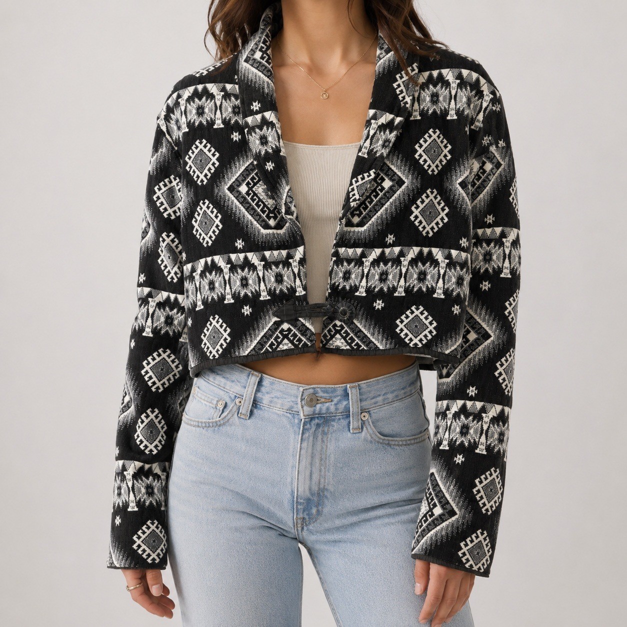 Flashback Vintage Southwestern Tribal Cropped Jacket Black White Cotton Medium