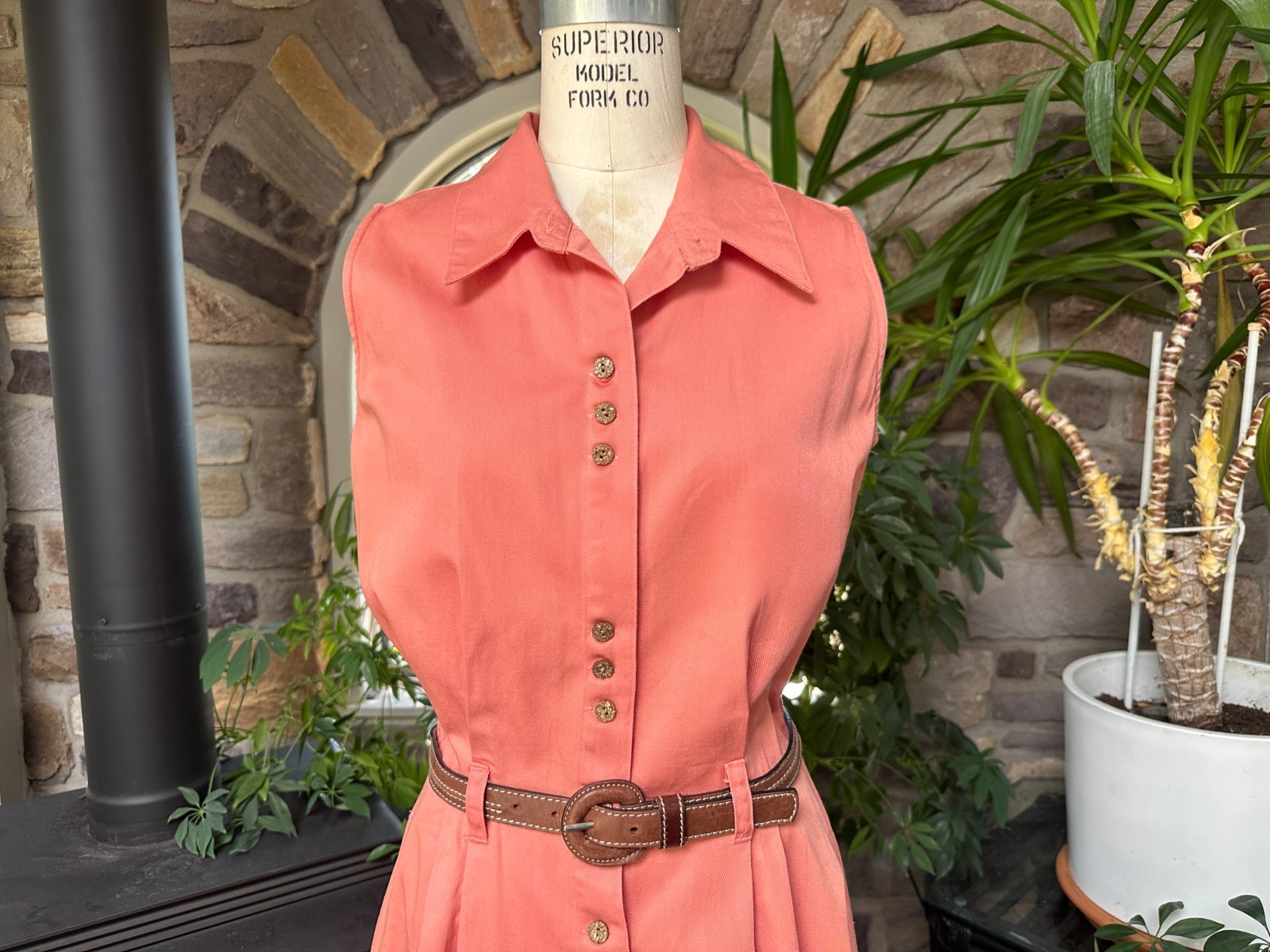Vintage 1990s Muted Coral Cotton Denim Button Front Dress Fads
