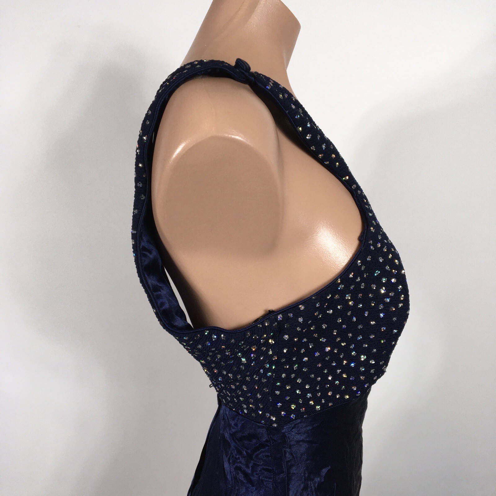 Vtg 90s y2k L.A. Glo Blue Glitter Prom Dress Evening Formal High Neck Backless