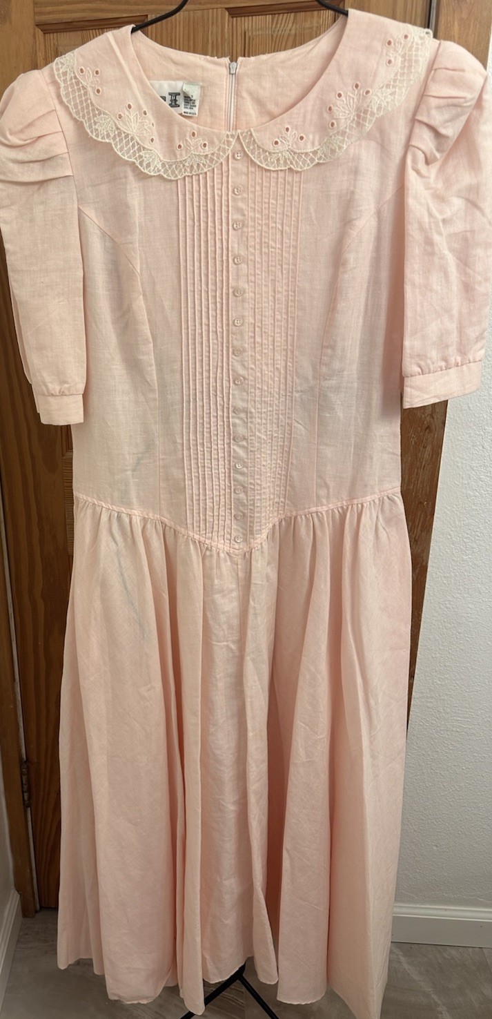 Vtg NOS ACT 1 USA Cottage Core Pink Lace Puff Sleeves Pockets Size 11/12 Dress