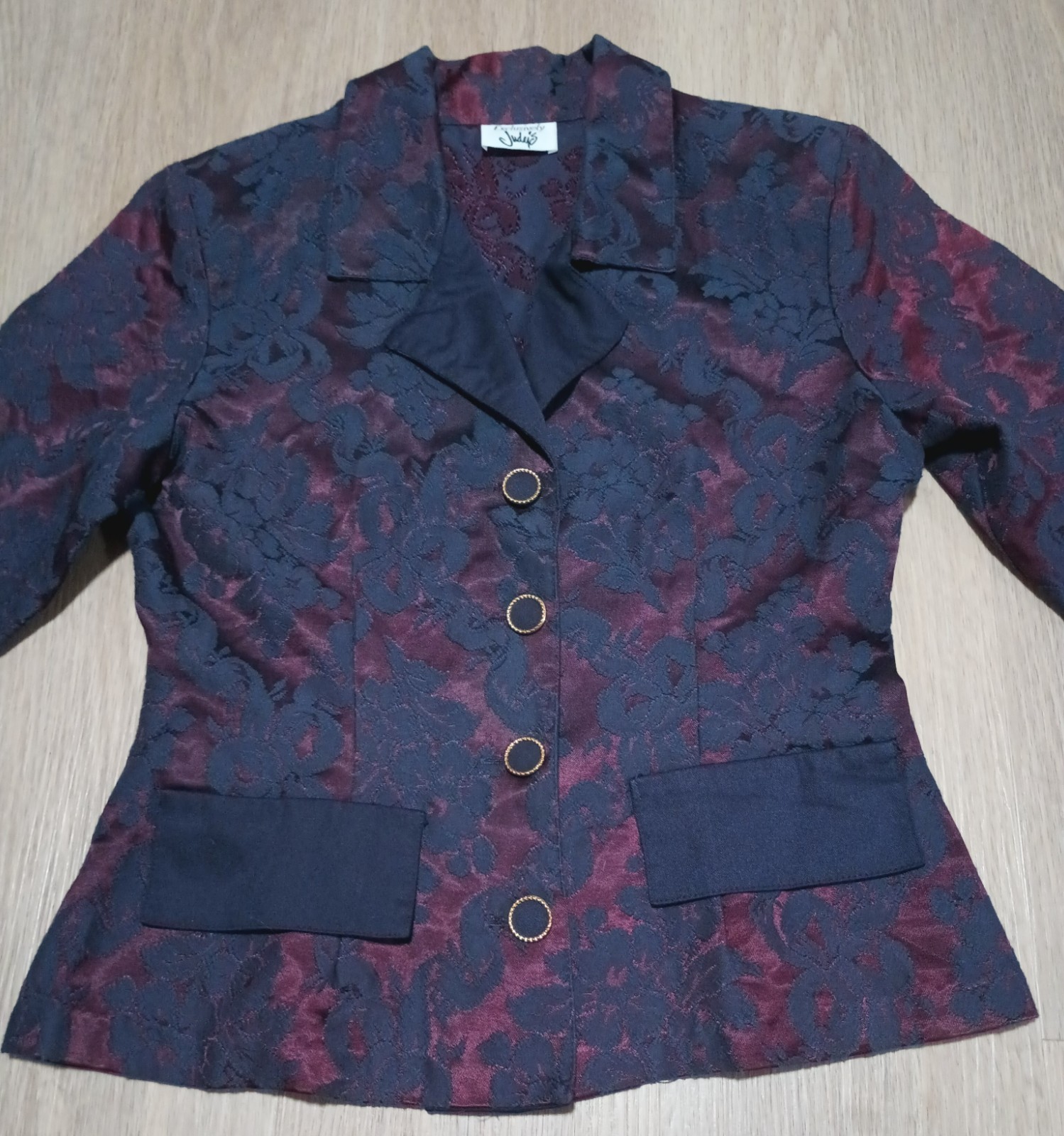 Vtg 80s JUDY’S Burgundy Navy Jacquard Blazer Jacket holiday festive steampunk S