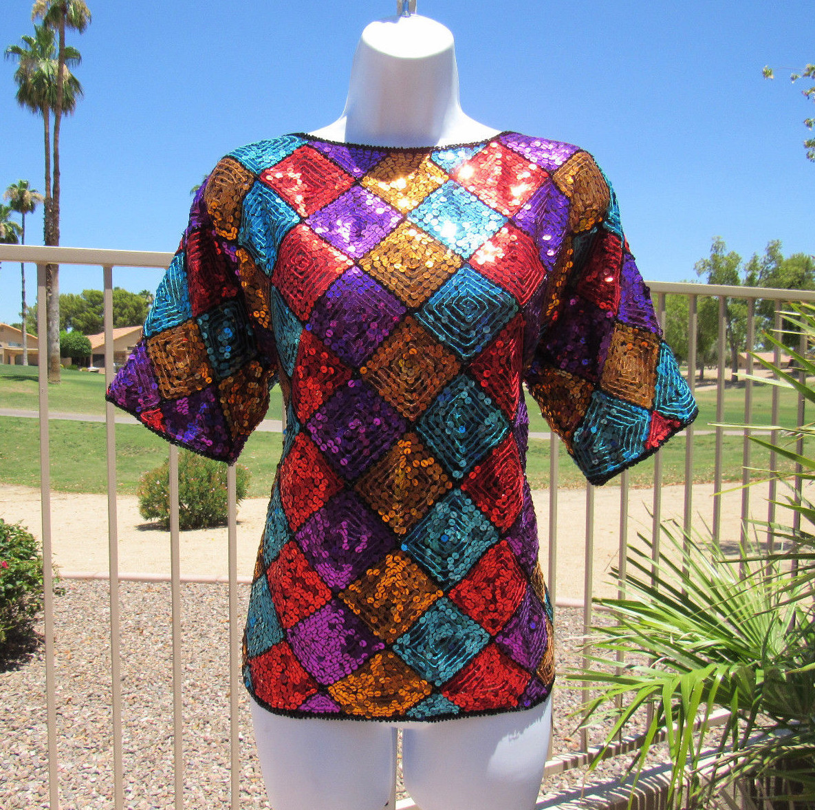 VTG 1980s SCALA SILK SEQUIN BEADED TOP SIZE SMALL MULTI-COLOR DIAMOND PATTERN