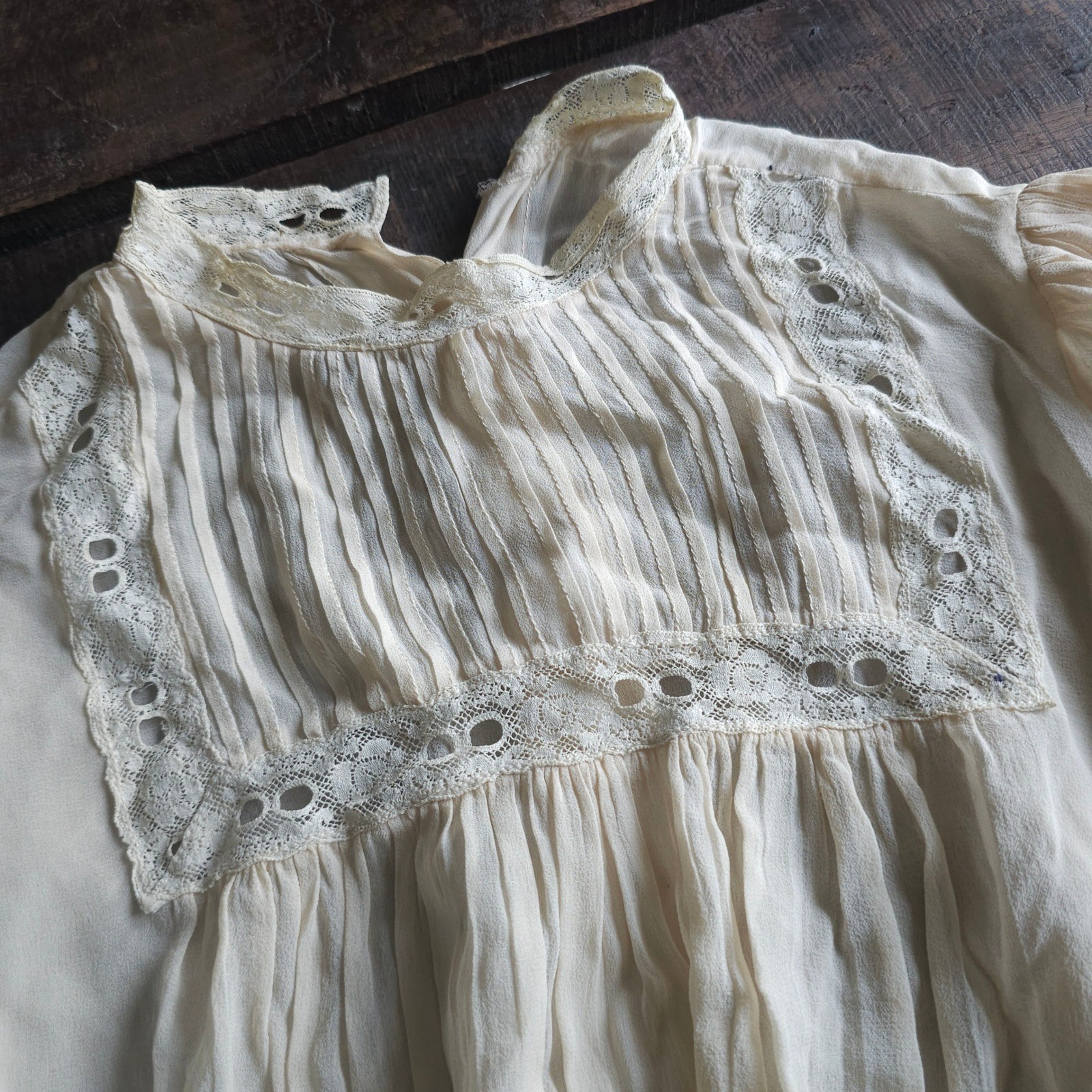 Antique Edwardian Pigeon Breast Blouse Lace Trim Bishop Sleeve Cream Top AS IS