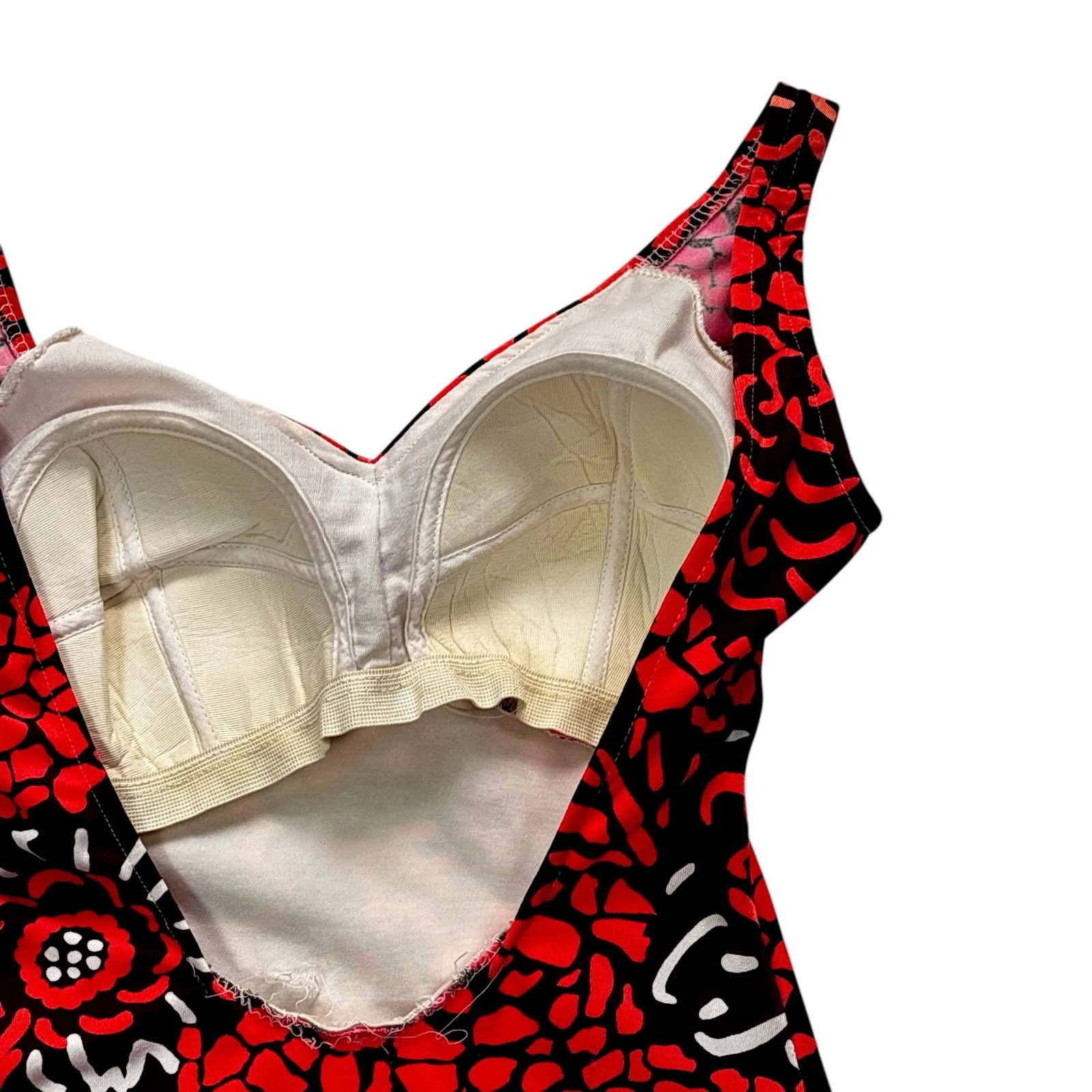 Vintage 1970s Channel West Abstract Floral One Piece Swimsuit Brown Neon Orange