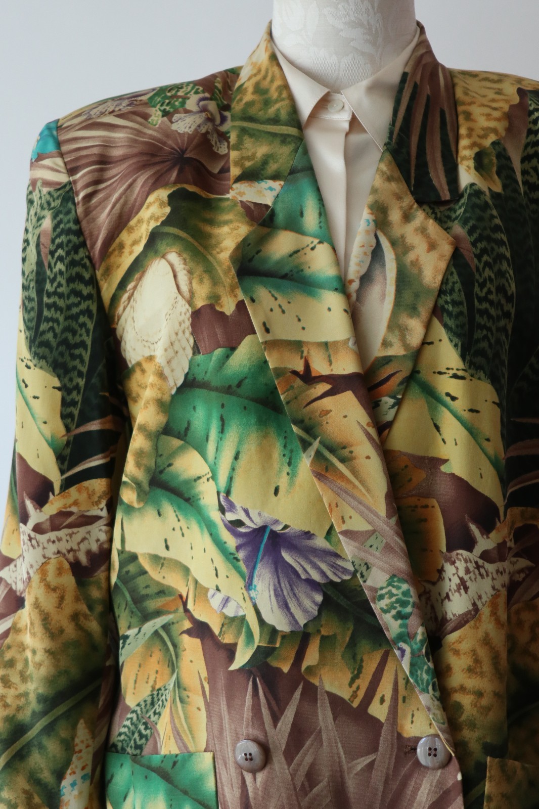 90s Linda Allard Green Brown Silk Tropical Seashells Oversized Blazer Women S M